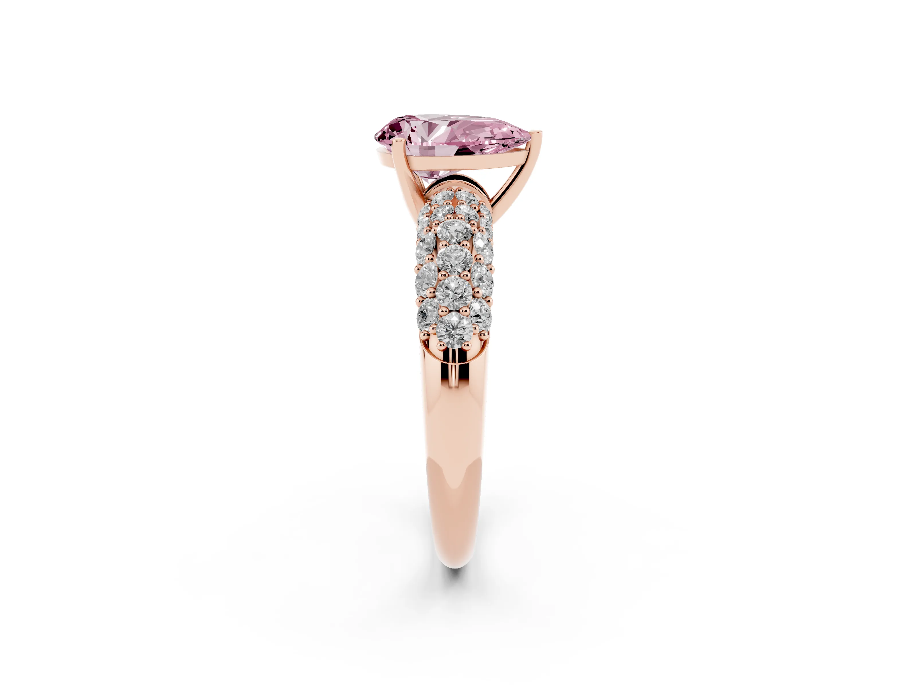 Fancy Pink Pear Cut Diamond Pavé Band Solitaire Ring Set in Rose gold with Close-Set Accent Stones and Prong Setting