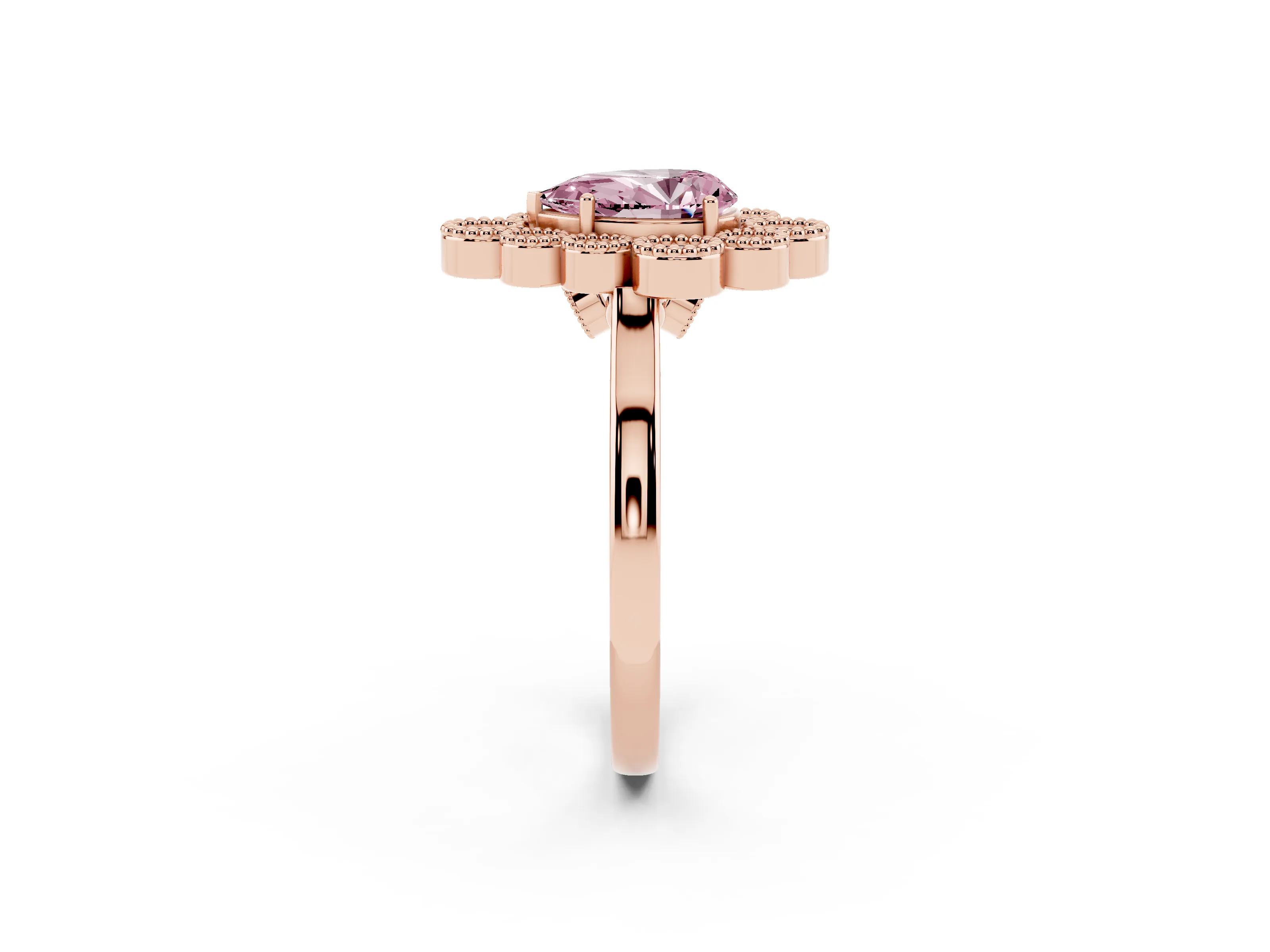 Fancy Pink Pear Cut Diamond Cluster Halo Ring Set in Rose gold with Milgrain Bezel Accents and Plain Band