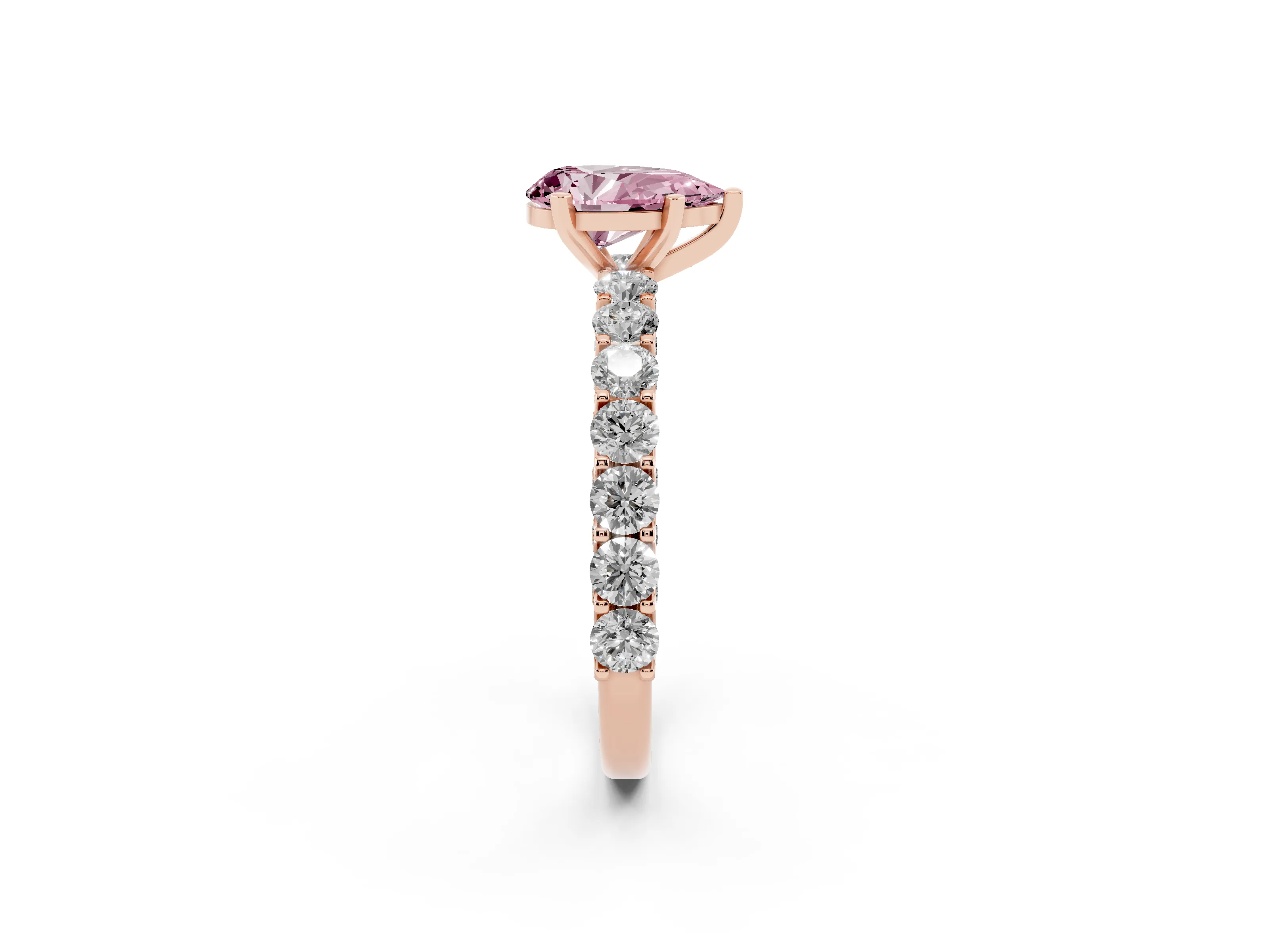 Fancy Pink Pear Cut Diamond Solitaire Ring Set in Rose gold with Shared Prong Pavé Band