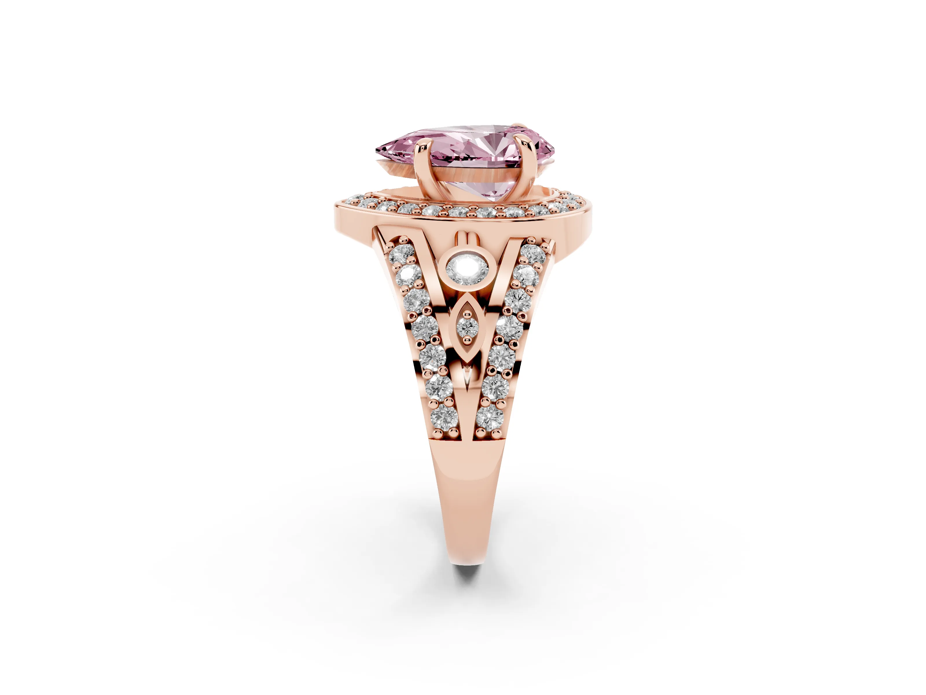 Fancy Pink Pear Cut Diamond Halo Ring Set in Rose gold with Pavé Split Shank and Bezel Accents