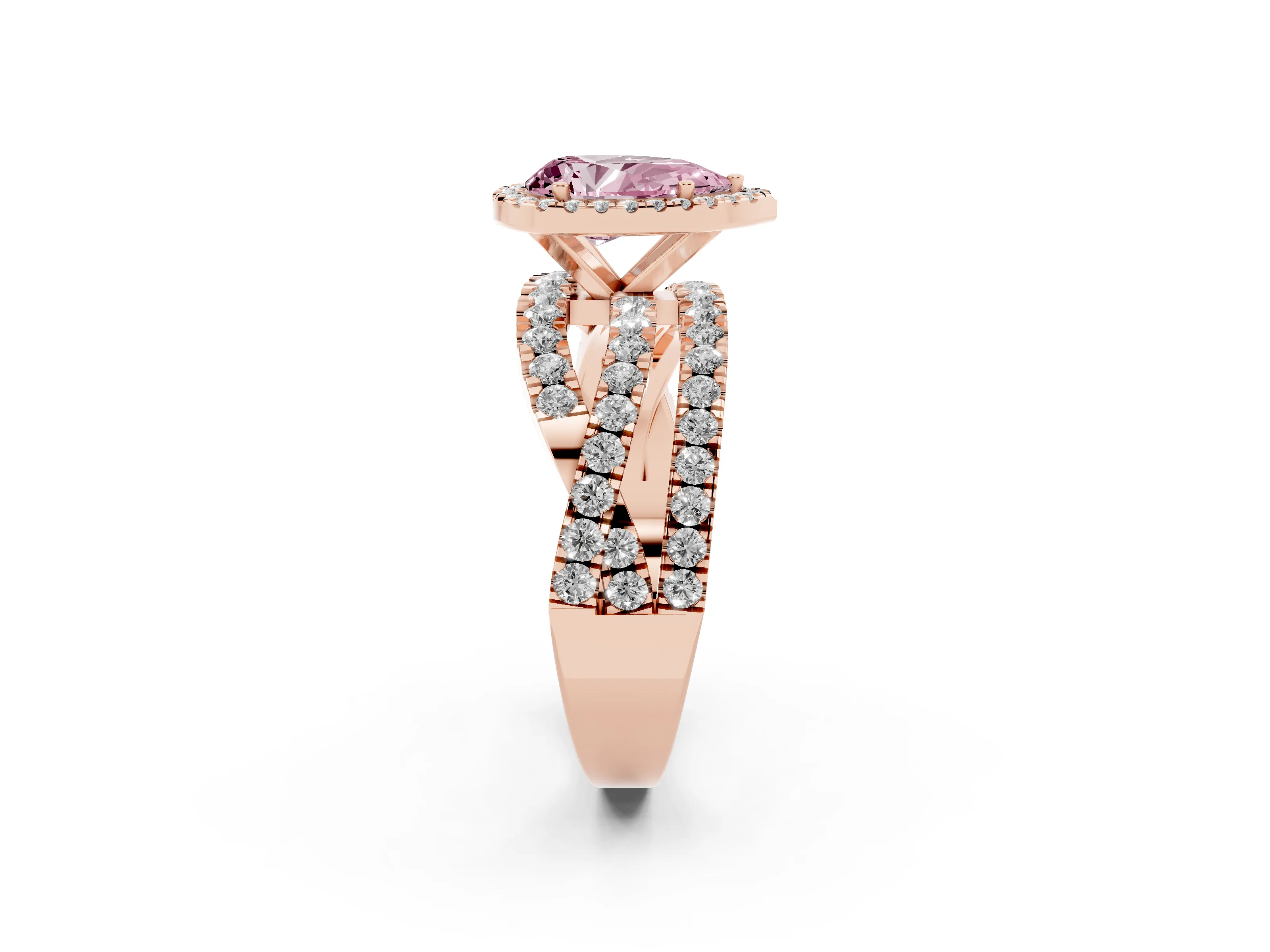 Fancy Pink Pear Cut Diamond Halo Ring Set in Rose gold with Round Crossover Split Shank and Prong Setting