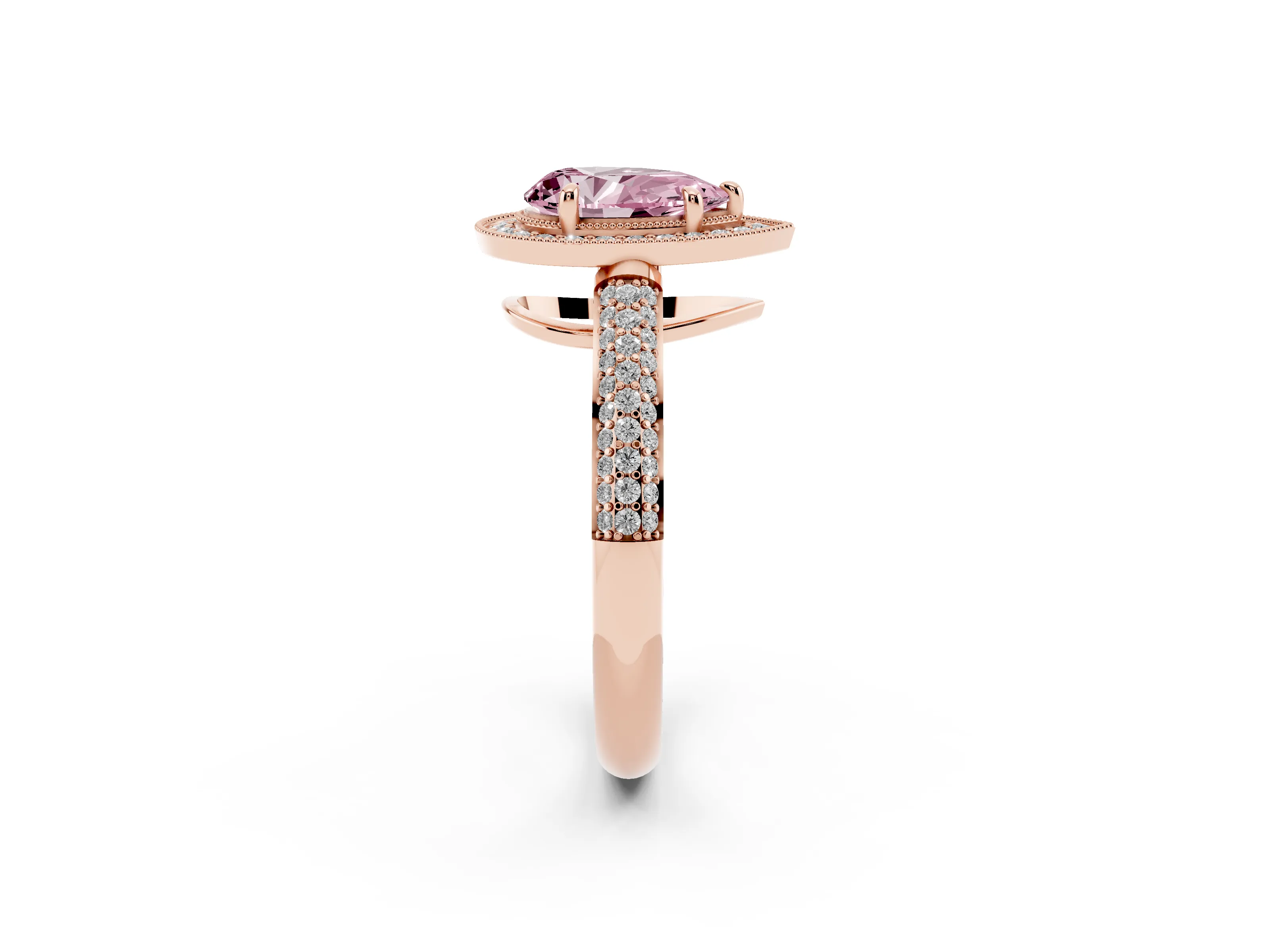 Fancy Pink Pear Cut Diamond Halo Pavé Band Set in Rose gold with Prong Setting