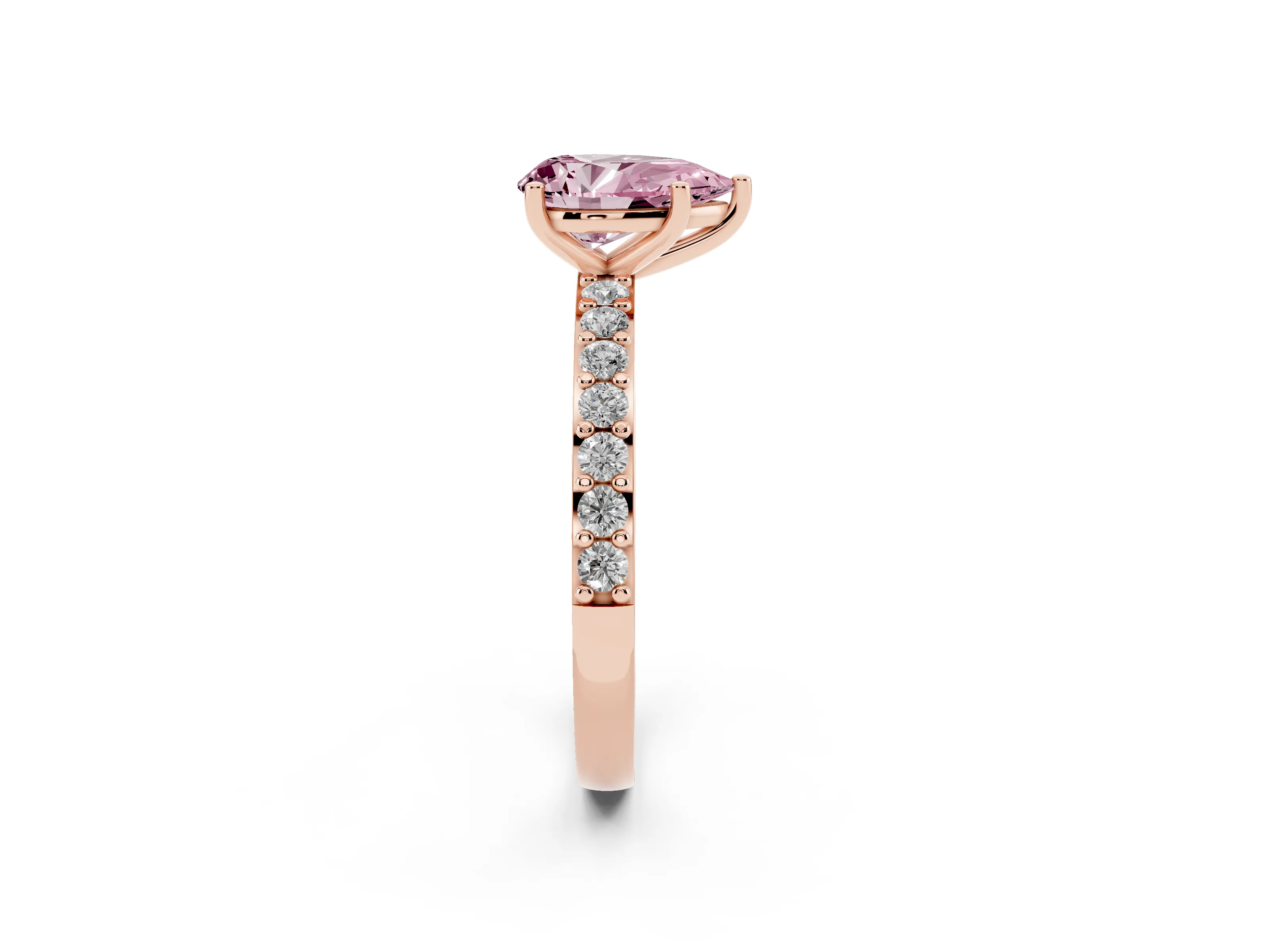 Fancy Pink Pear Cut Diamond Solitaire Set in Rose gold with Round Pavé Band and Prong Setting