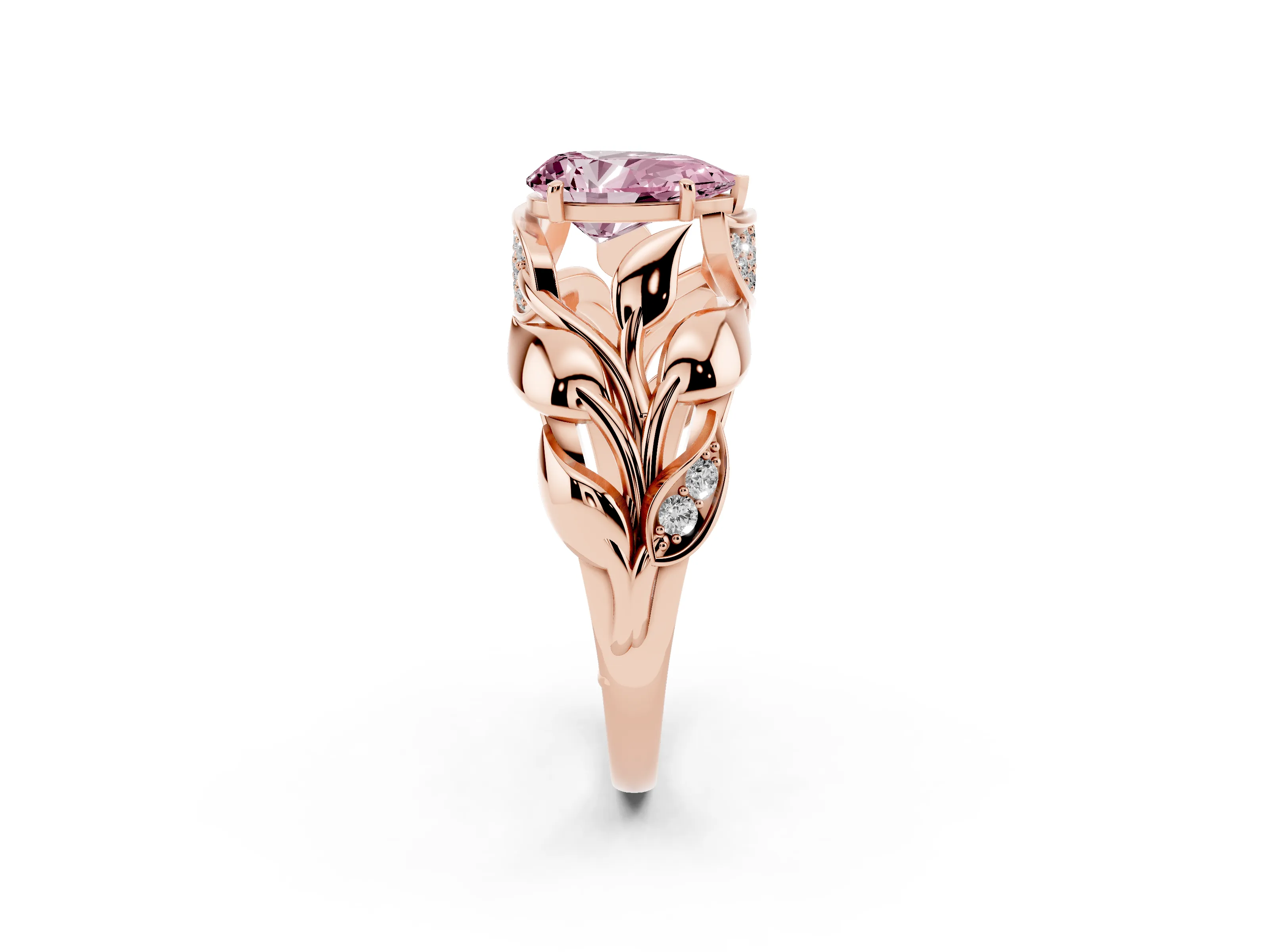 Fancy Pink Pear Cut Diamond Leaf-Inspired Engagement Ring Set in Rose gold with Round Accents
