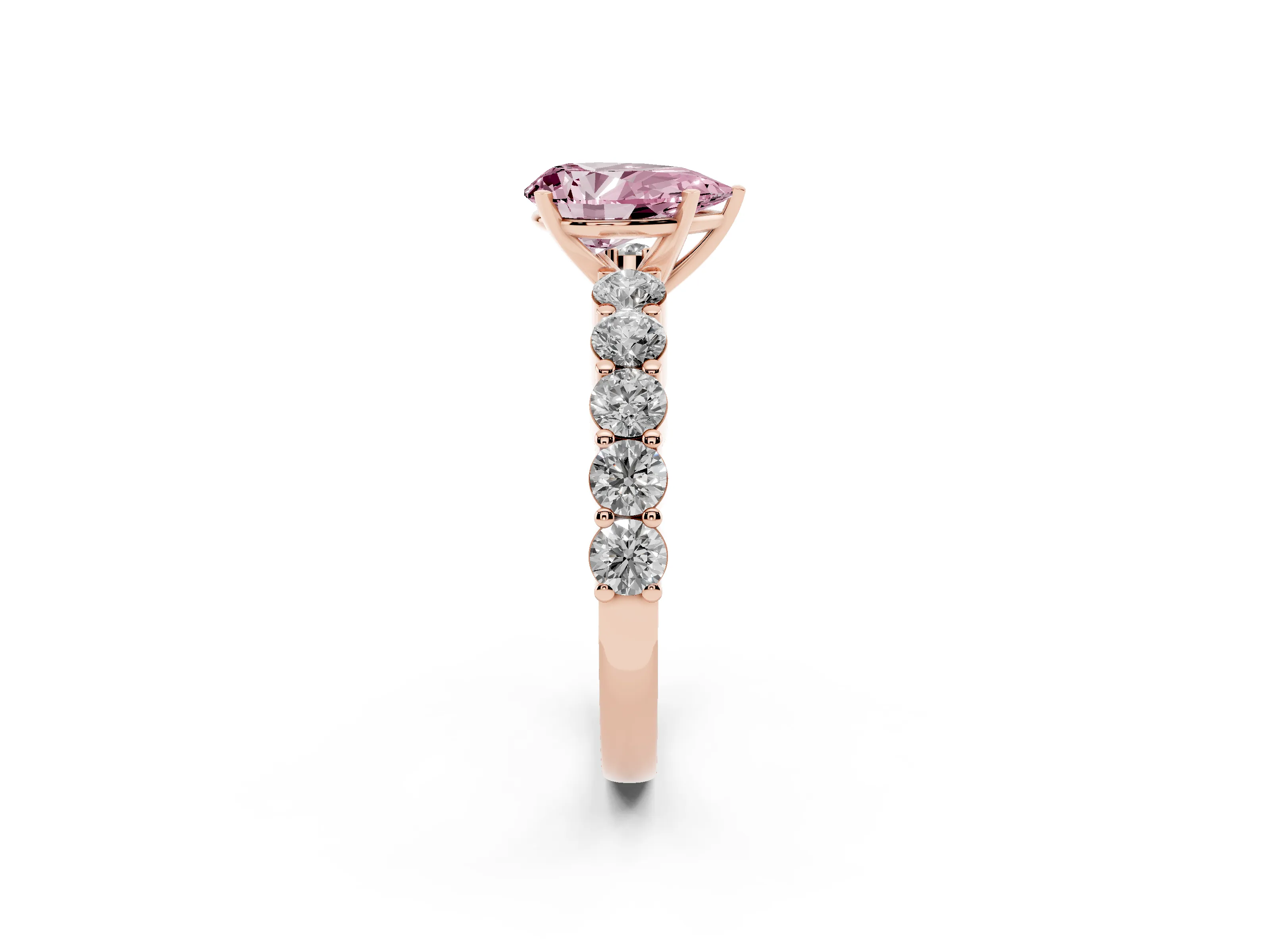 Fancy Pink Pear Cut Diamond Solitaire Ring Set in Rose gold with Shared Prong Round Side Stones