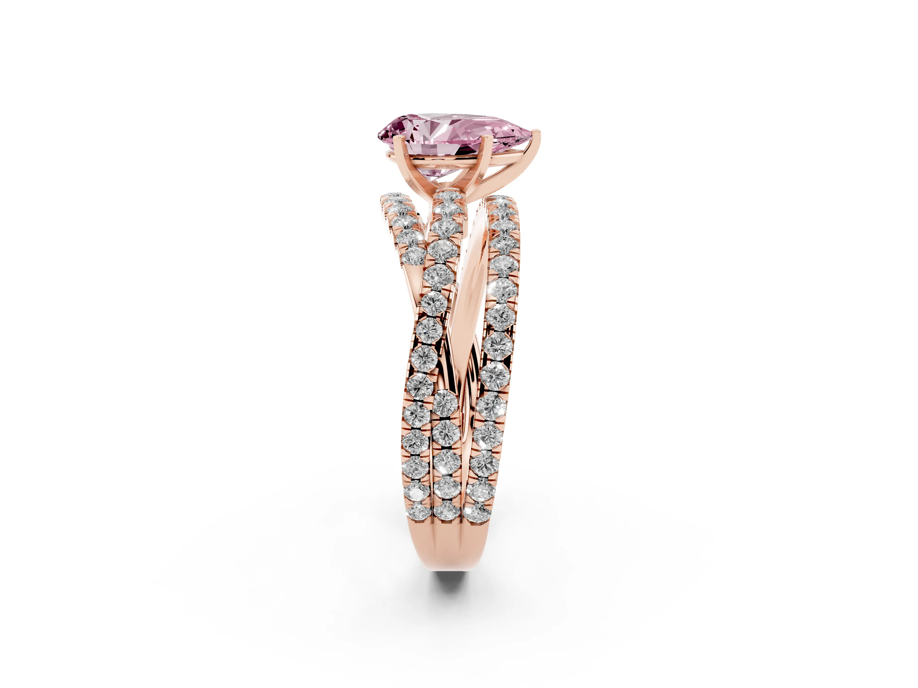 Fancy Pink Pear Cut Diamond Solitaire Twist Band Ring Set in Rose gold with Pavé Setting and Prong Head
