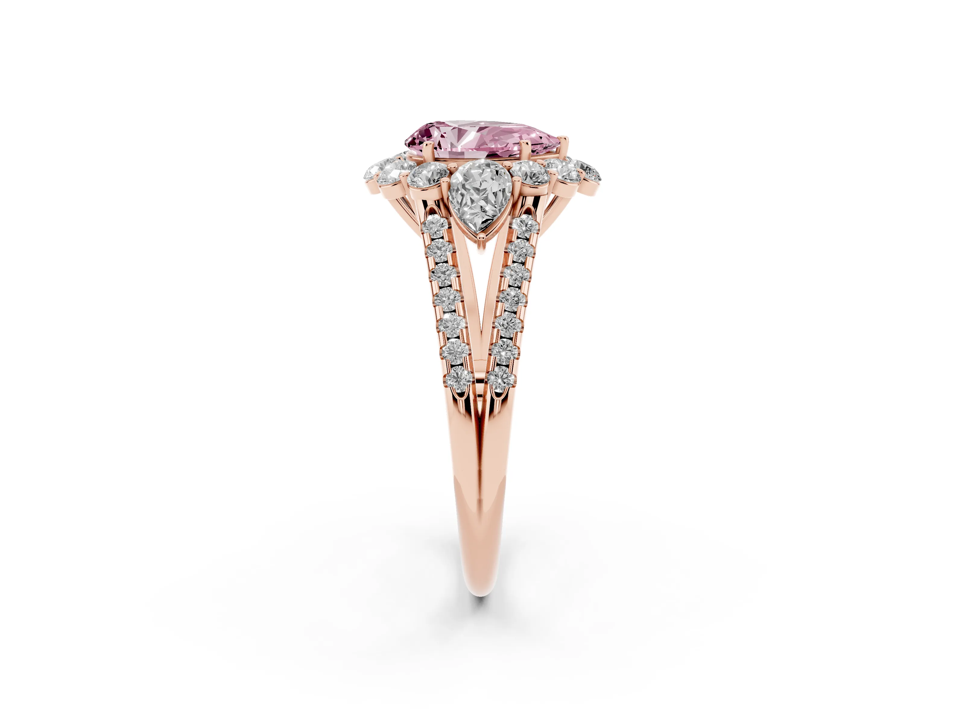 Fancy Pink Pear Cut Diamond Halo Split Shank Engagement Ring Set in Rose gold with Prong-Held Center Stone