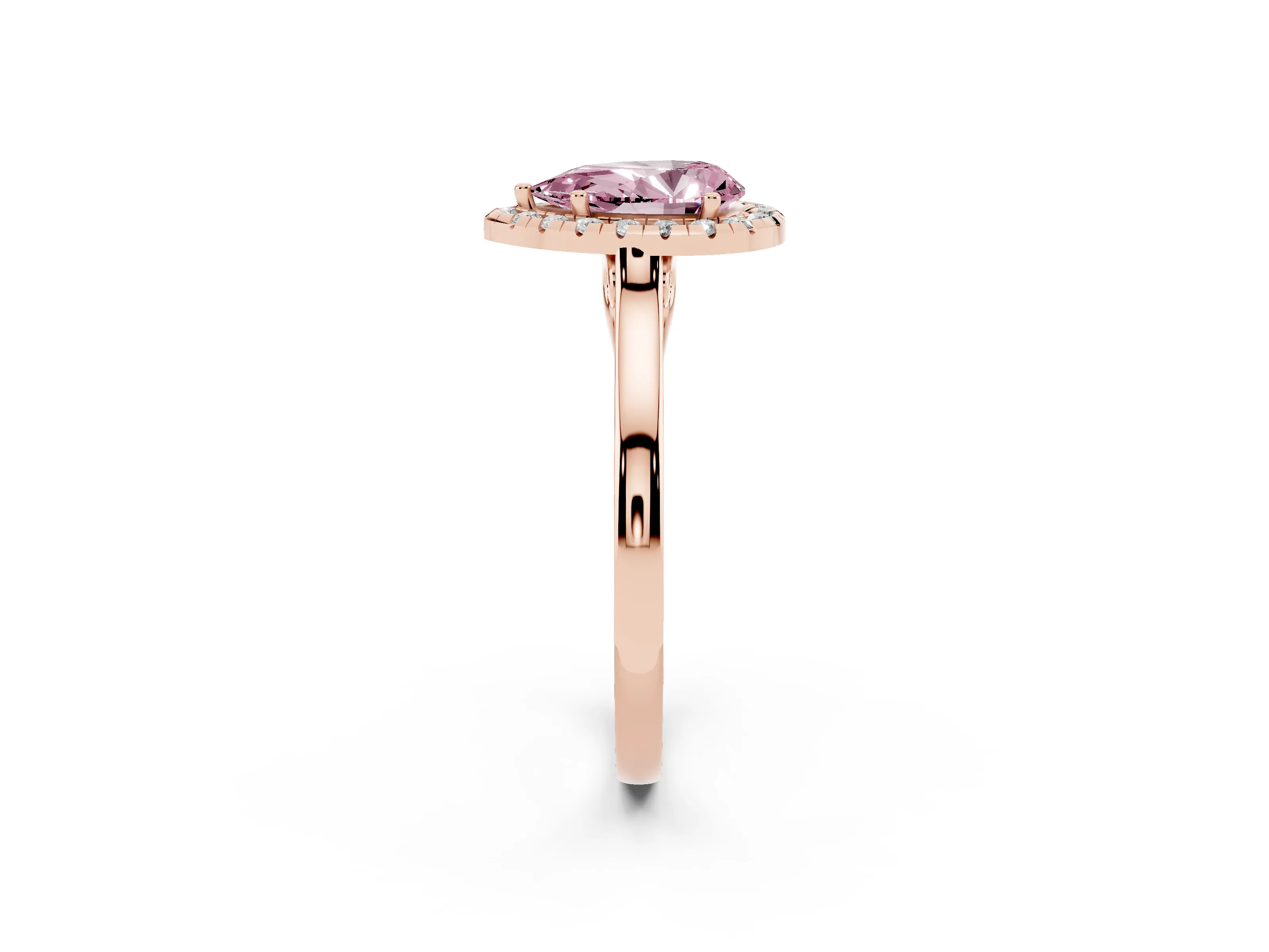 Fancy Pink Pear Cut Halo Round Diamond Solitaire Ring Set in Rose gold with Pavé Band and Prong Setting