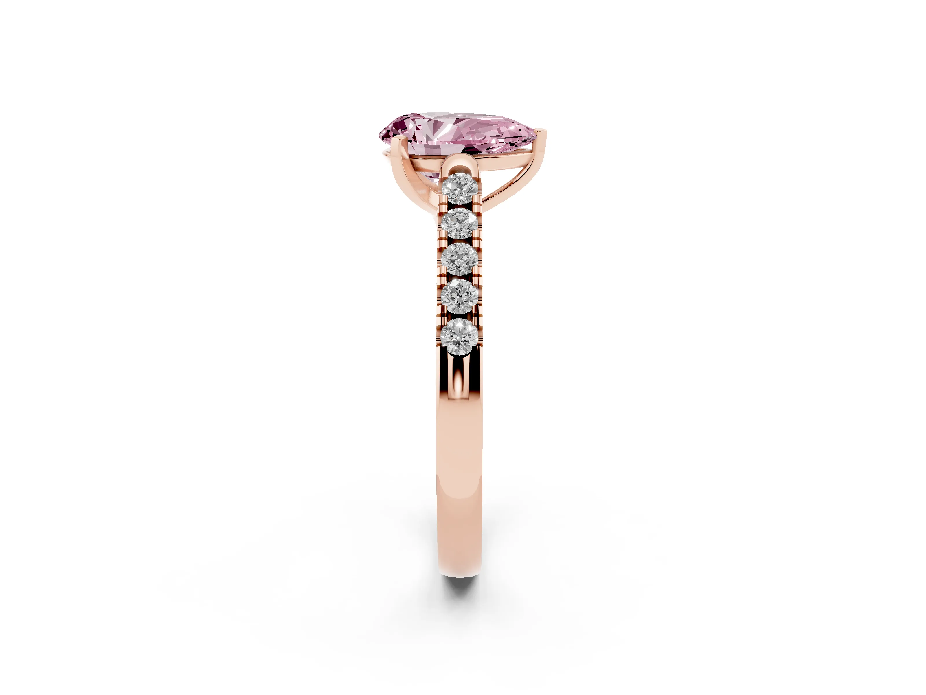 Fancy Pink Pear Cut Diamond Pavé Band Solitaire Ring Set in Rose gold with Partway Accent Stones and Prong Setting