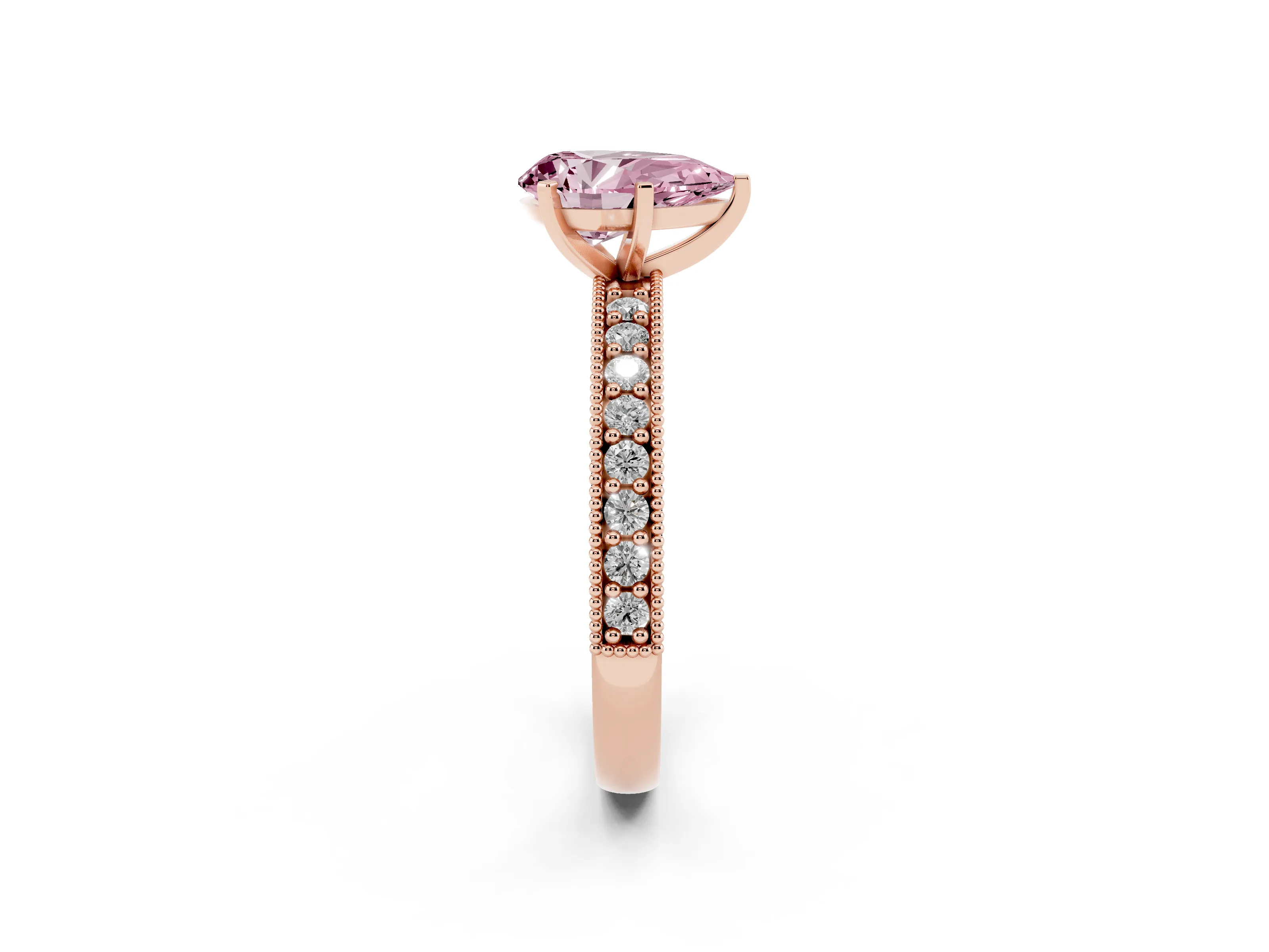 Fancy Pink Pear Cut Diamond Milgrain Pavé Engagement Ring Set in Rose gold with Prong Setting