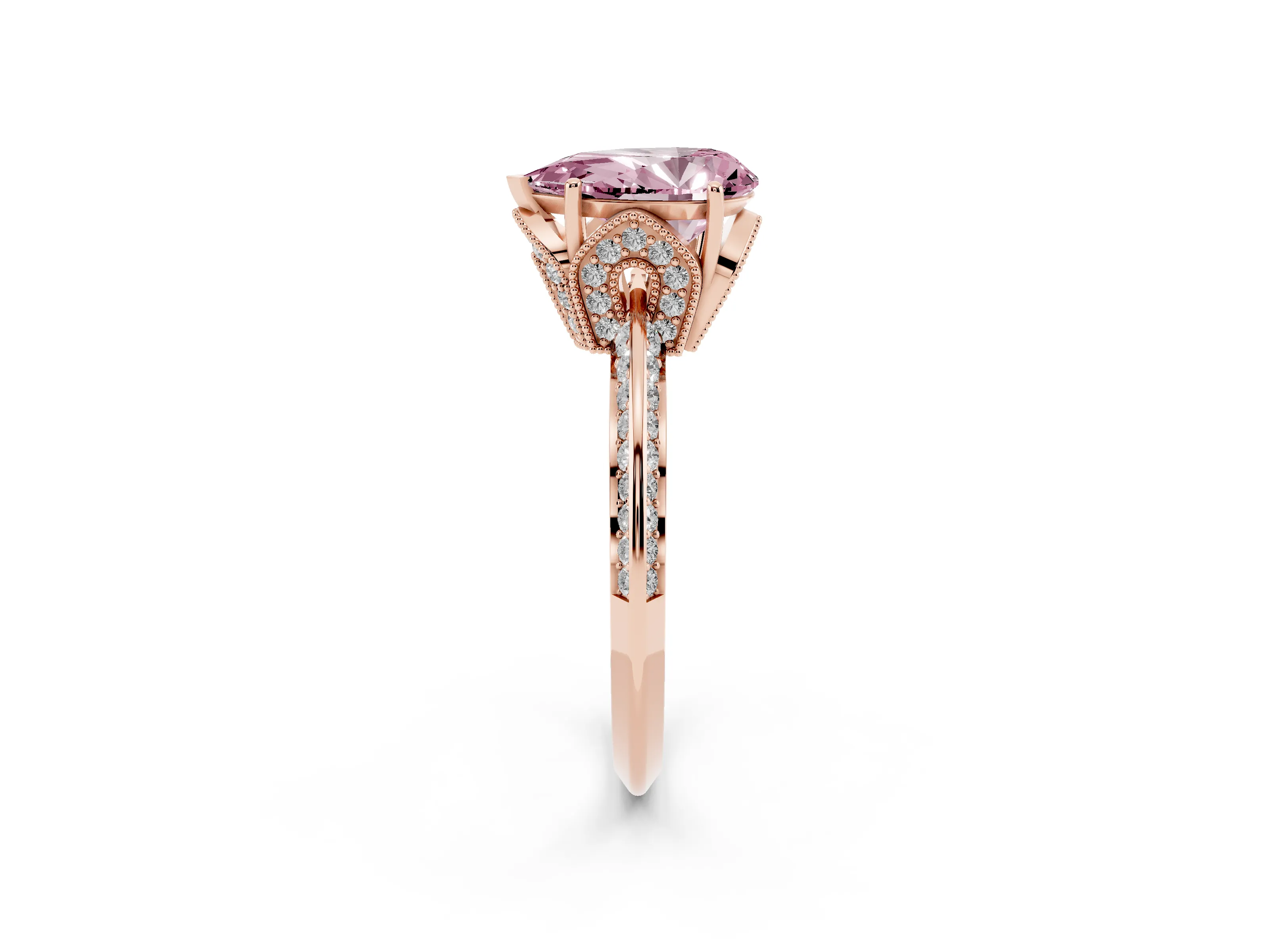 Fancy Pink Pear Cut Diamond Solitaire Engagement Ring Set in Rose gold with Pavé Split Shank and Prong Setting
