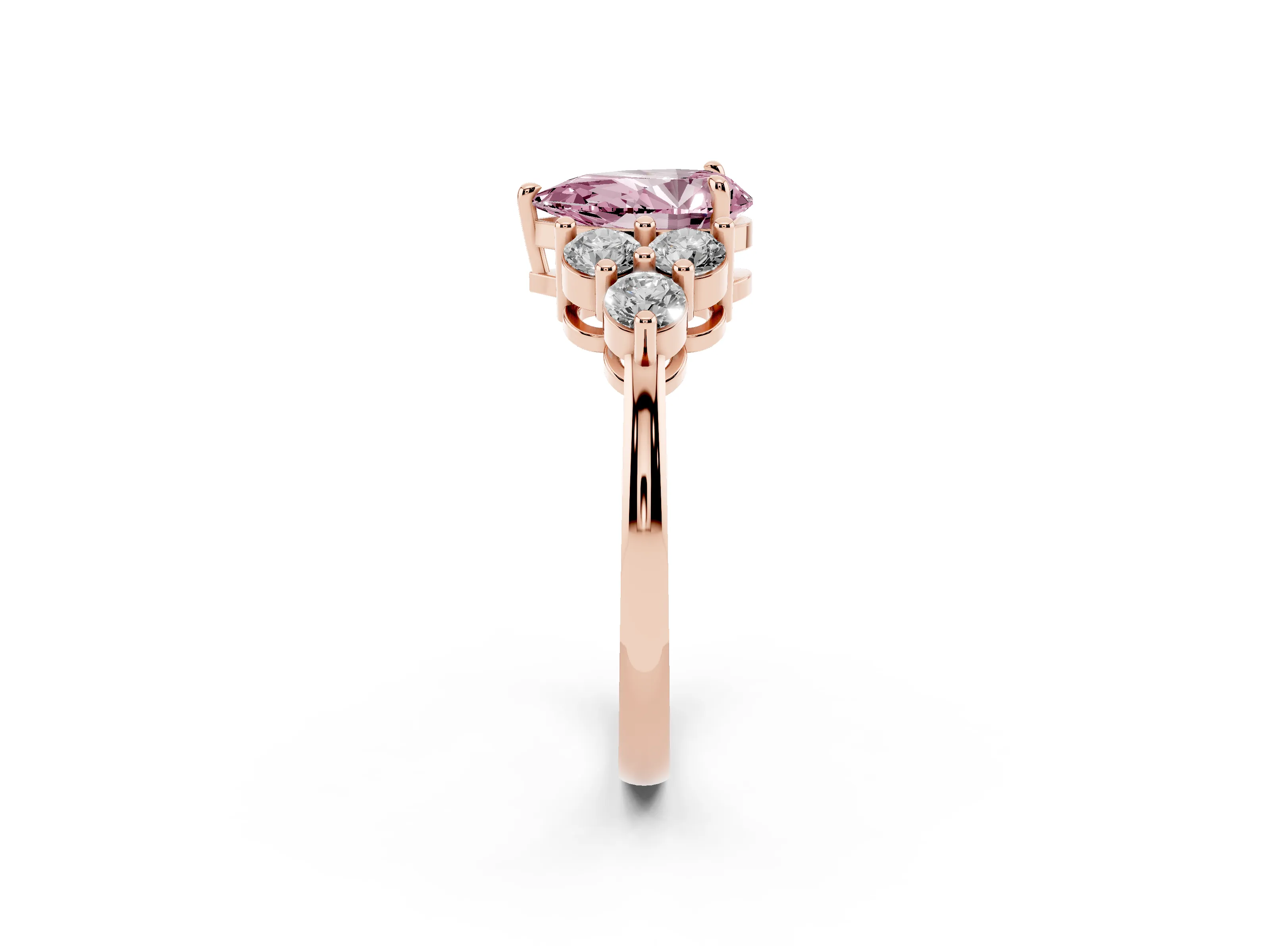 Fancy Pink Pear Cut Diamond Solitaire Ring Set in Rose gold with Cluster Accents on Each Side