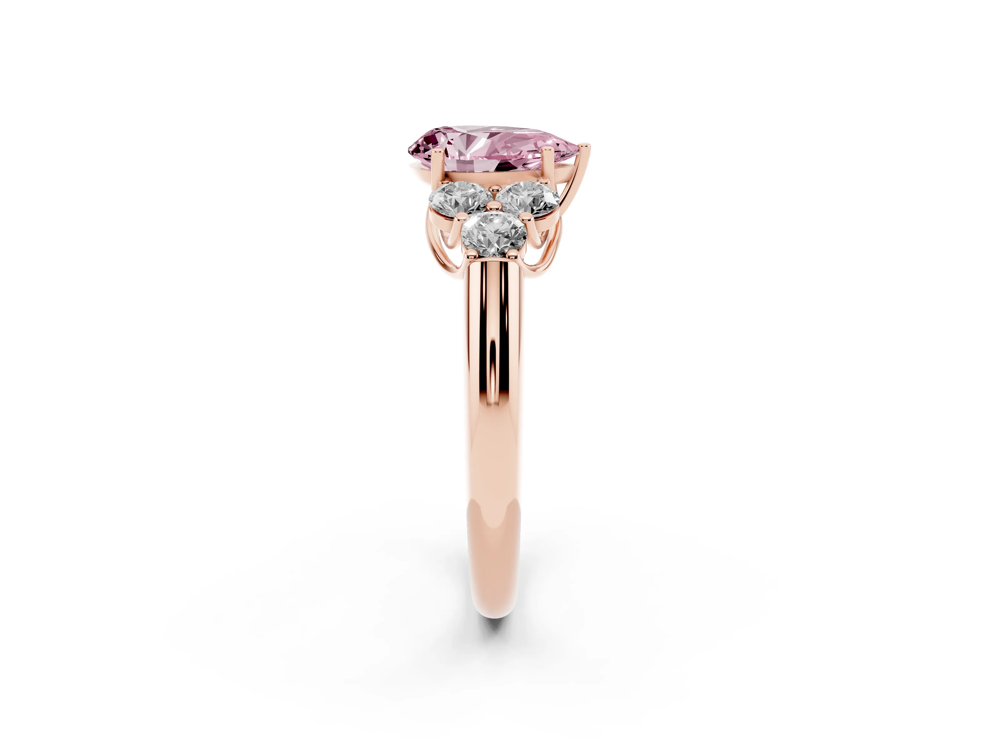 Fancy Pink Pear Cut Diamond Cluster Ring Set in Rose gold with Round Accent Stones and Prong Setting on a Plain Band