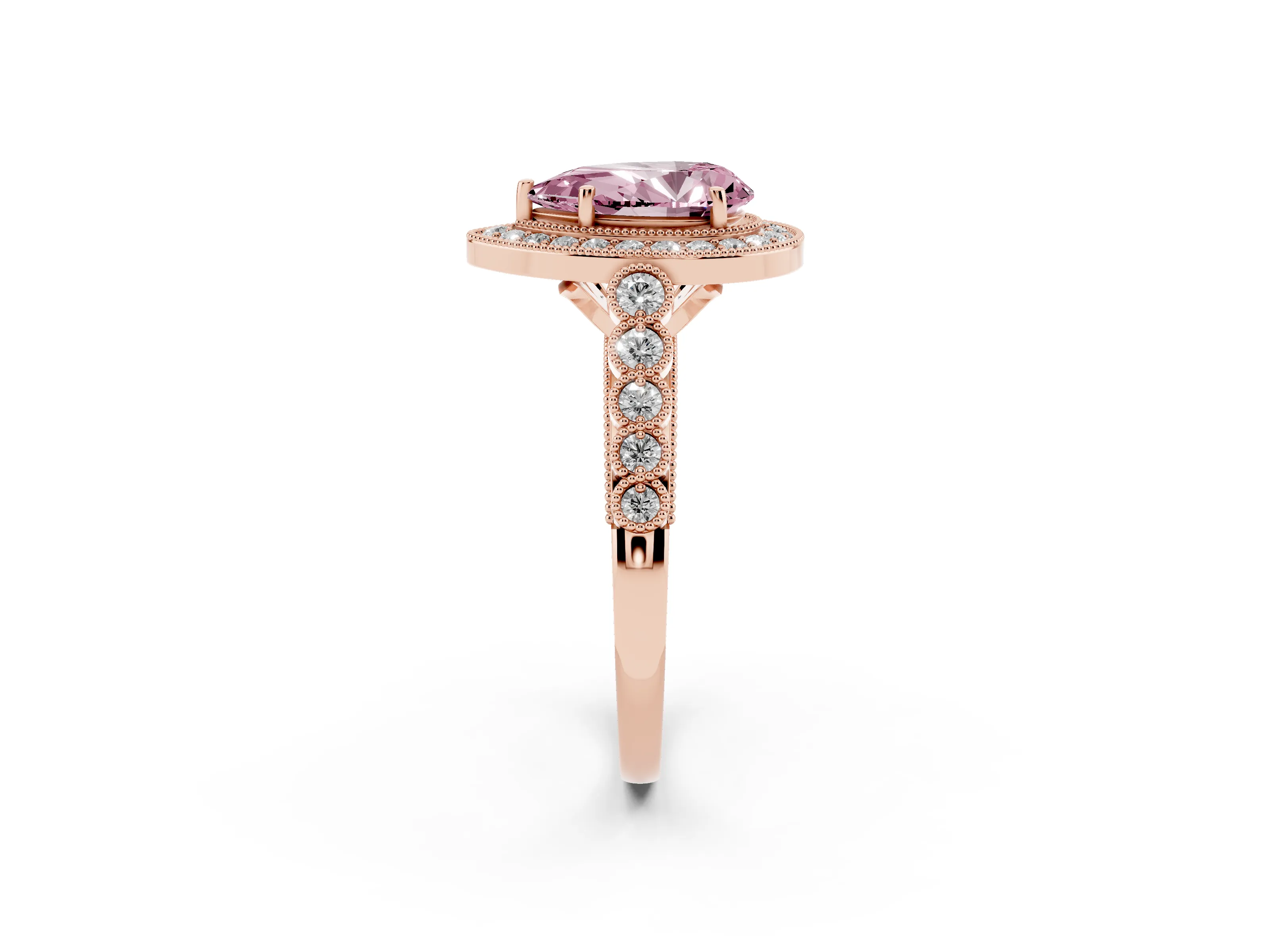Fancy Pink Pear Cut Diamond Milgrain Halo Solitaire Ring Set in Rose gold with Bezel Set Side Stones and Pavé Band