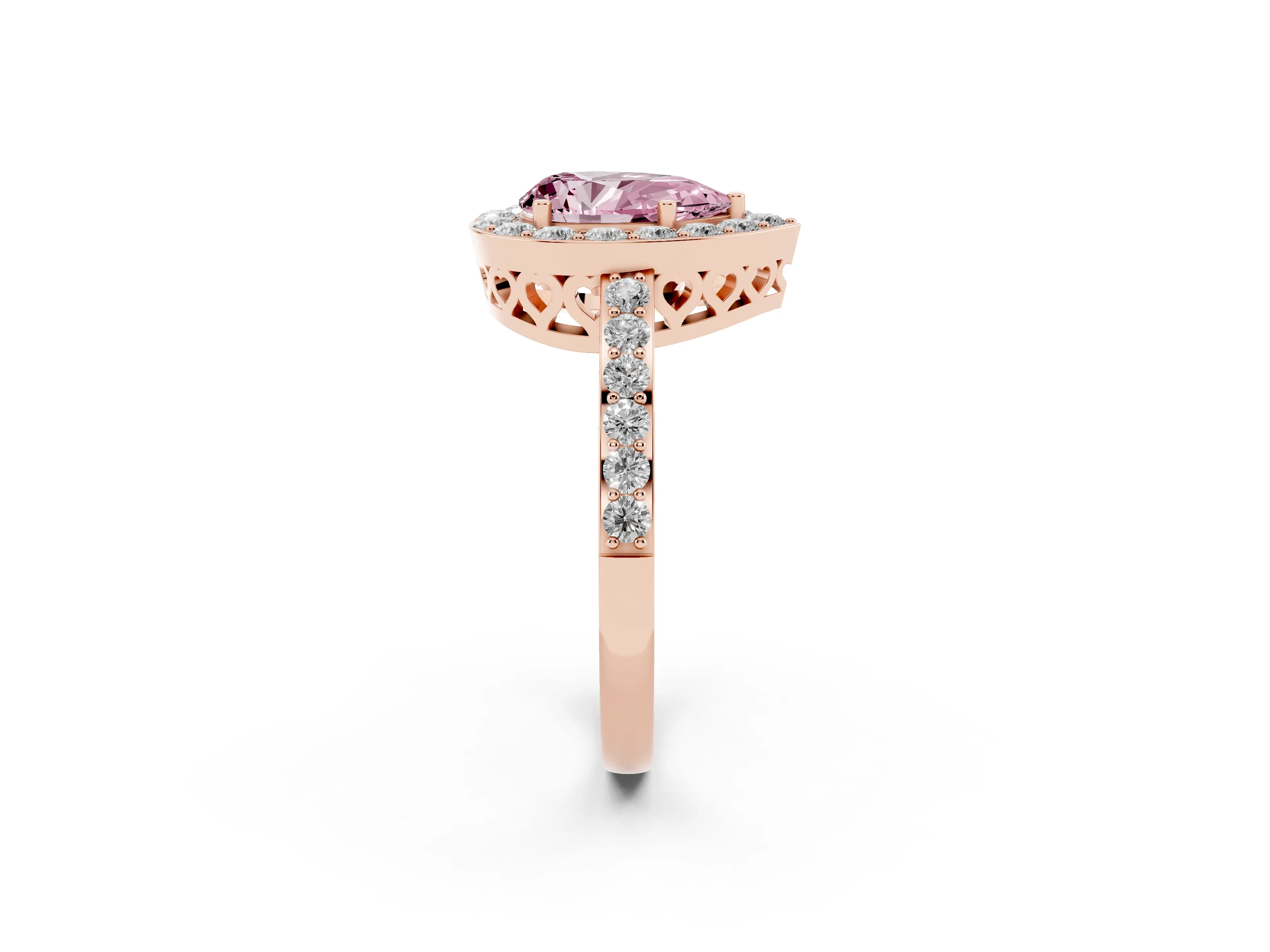 Fancy Pink Pear Cut Diamond Halo Ring Set in Rose gold with Pavé-Setting Band and Open Prong Center