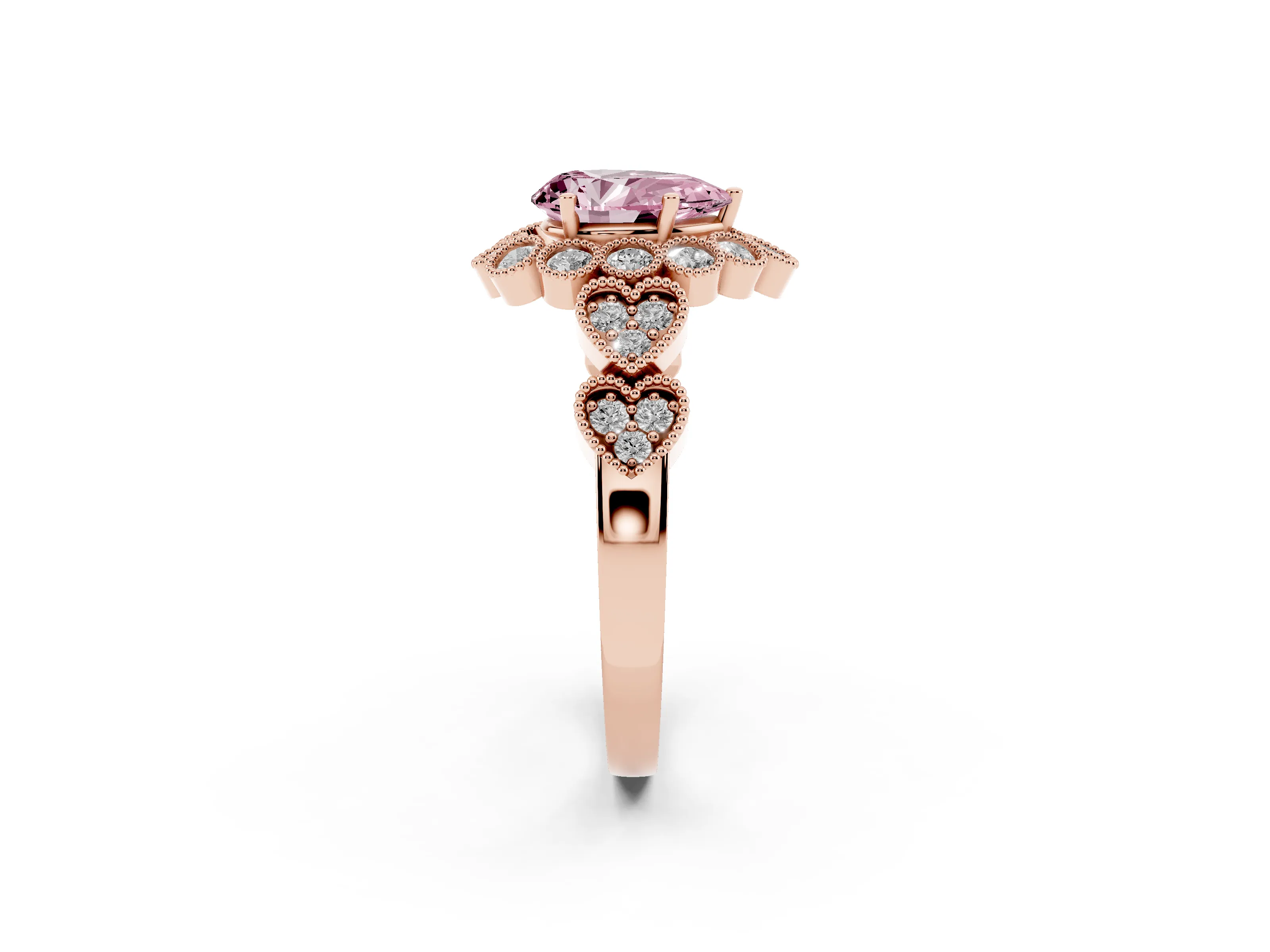 Fancy Pink Pear Cut Diamond Solitaire Ring Set in Rose gold with Milgrain Pavé Heart Band