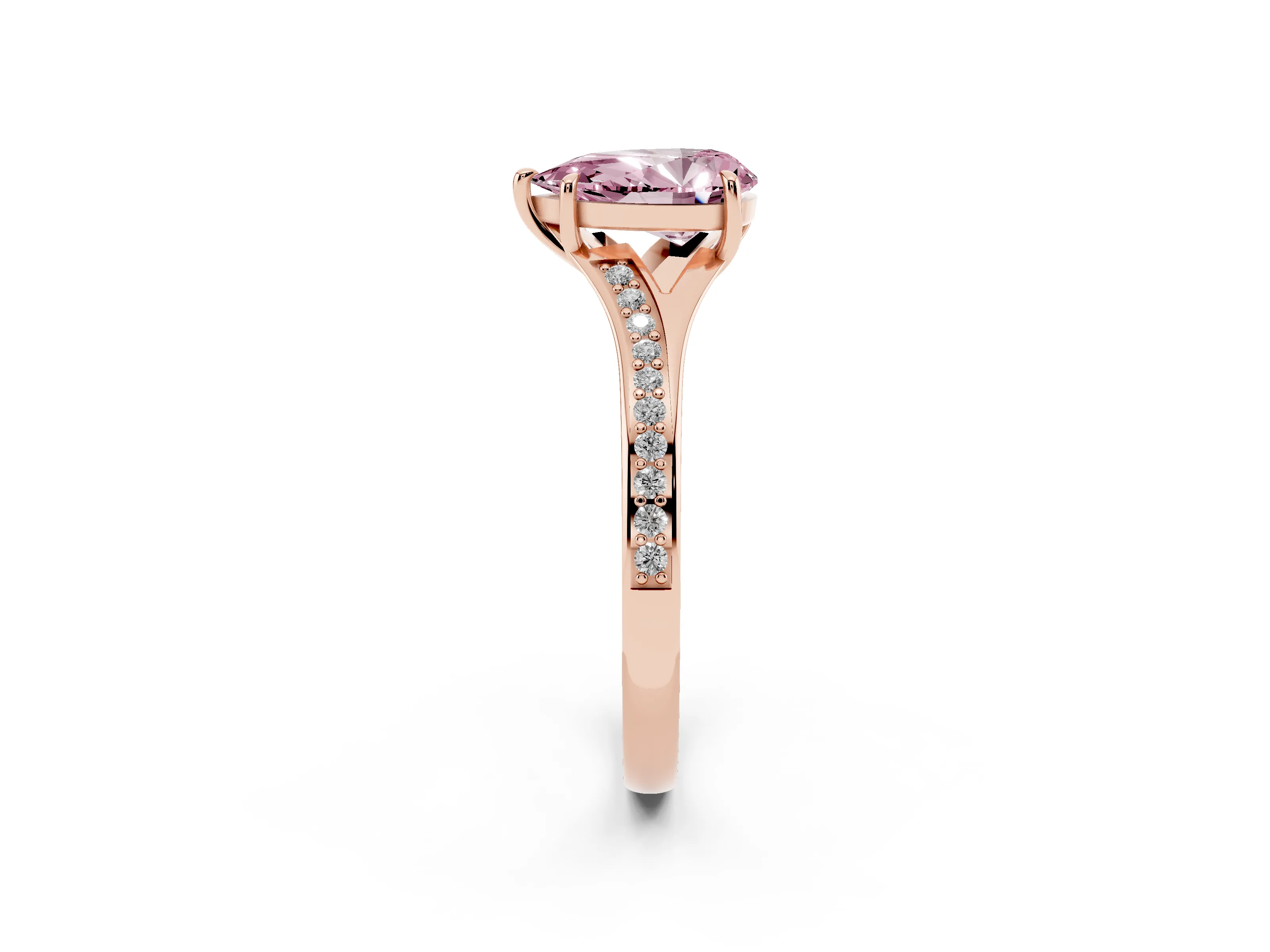 Fancy Pink Pear Cut Diamond Solitaire Ring Set in Rose gold with Pavé Accent Band and Classic Prong Setting