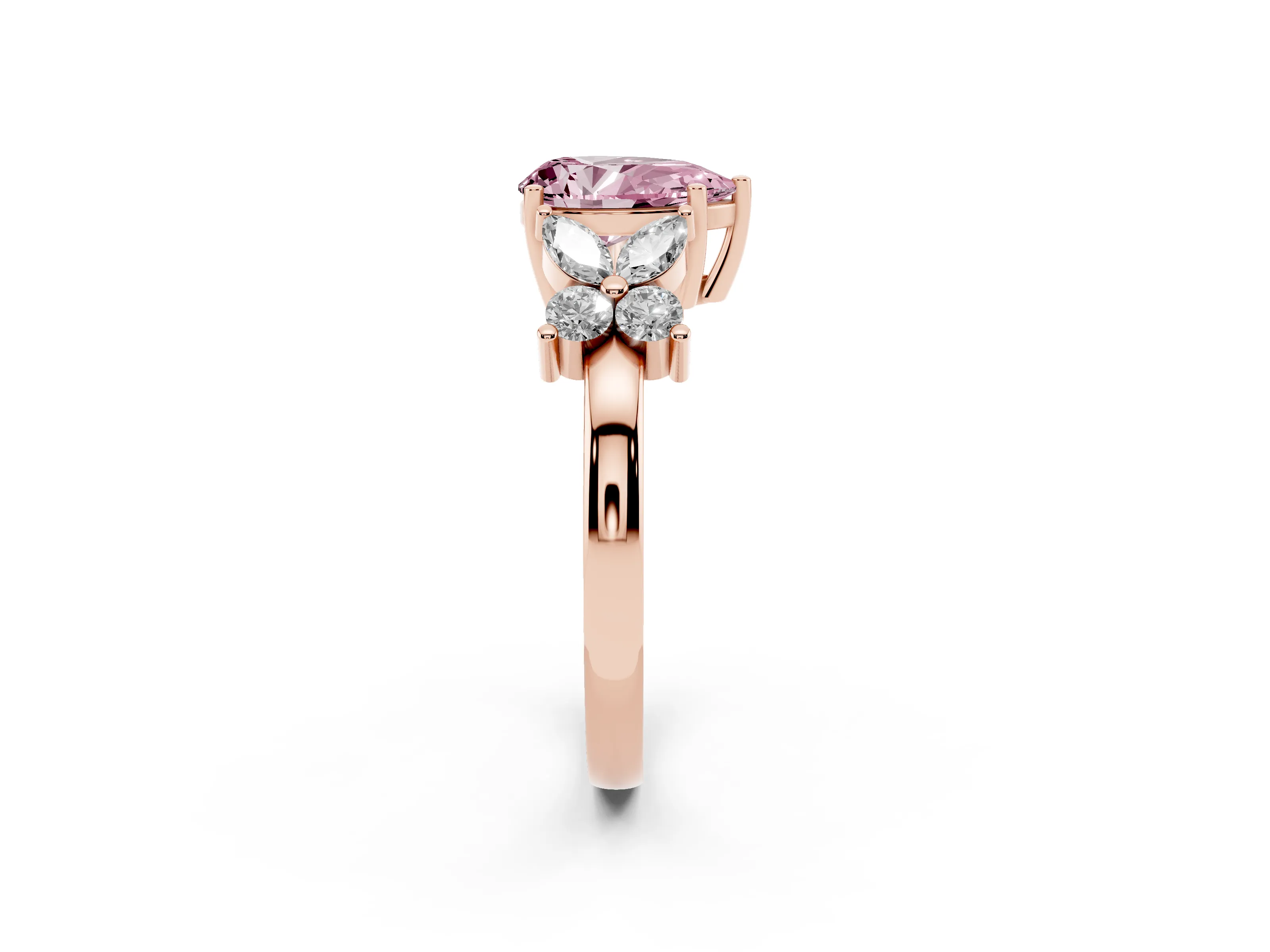 Fancy Pink Pear Cut Diamond Floral Cluster Ring Set in Rose gold with Marquise Petals and Prong Setting