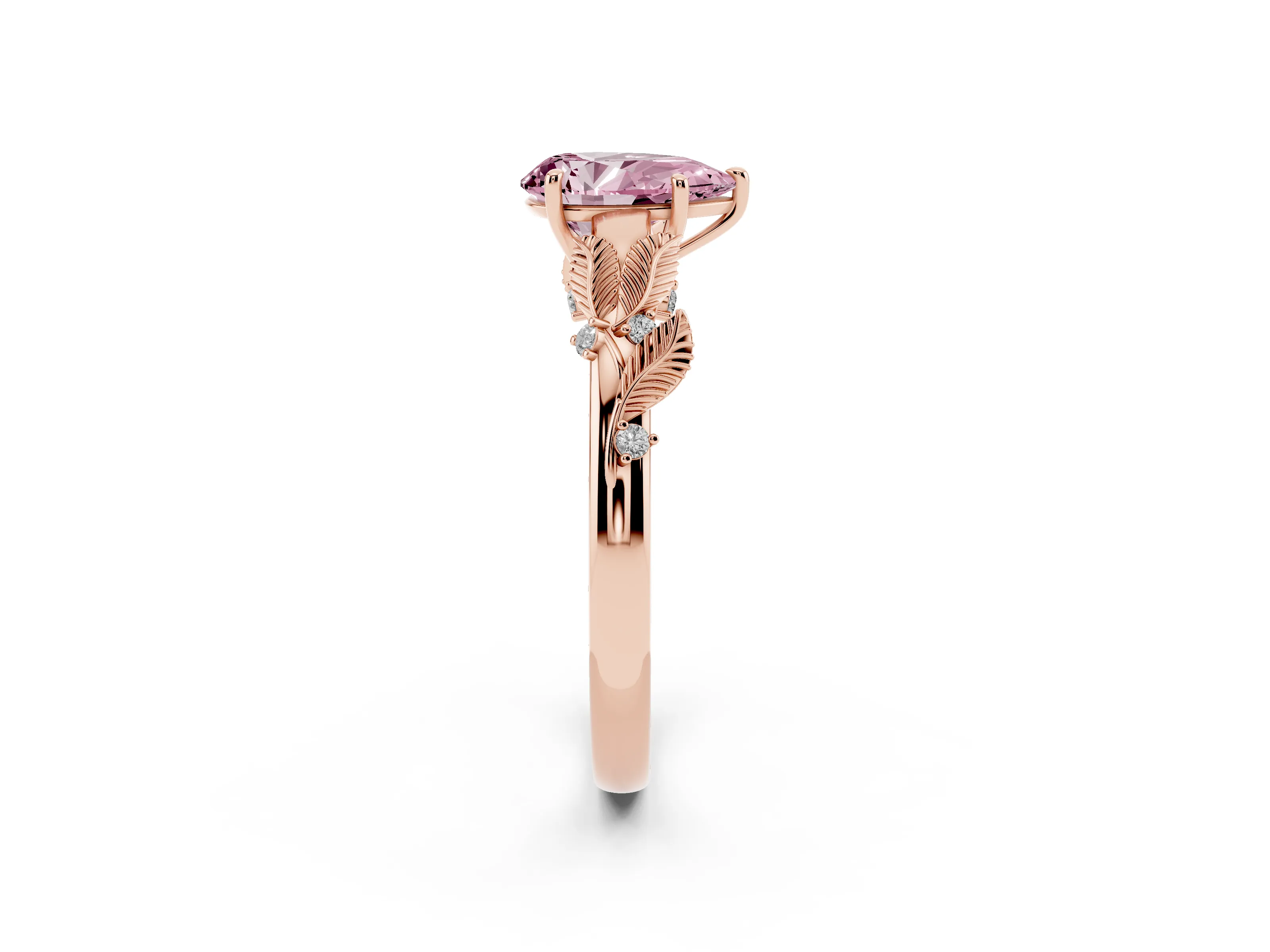 Fancy Pink Pear Cut Diamond Solitaire Ring Set in Rose gold with Leaf Motif Band
