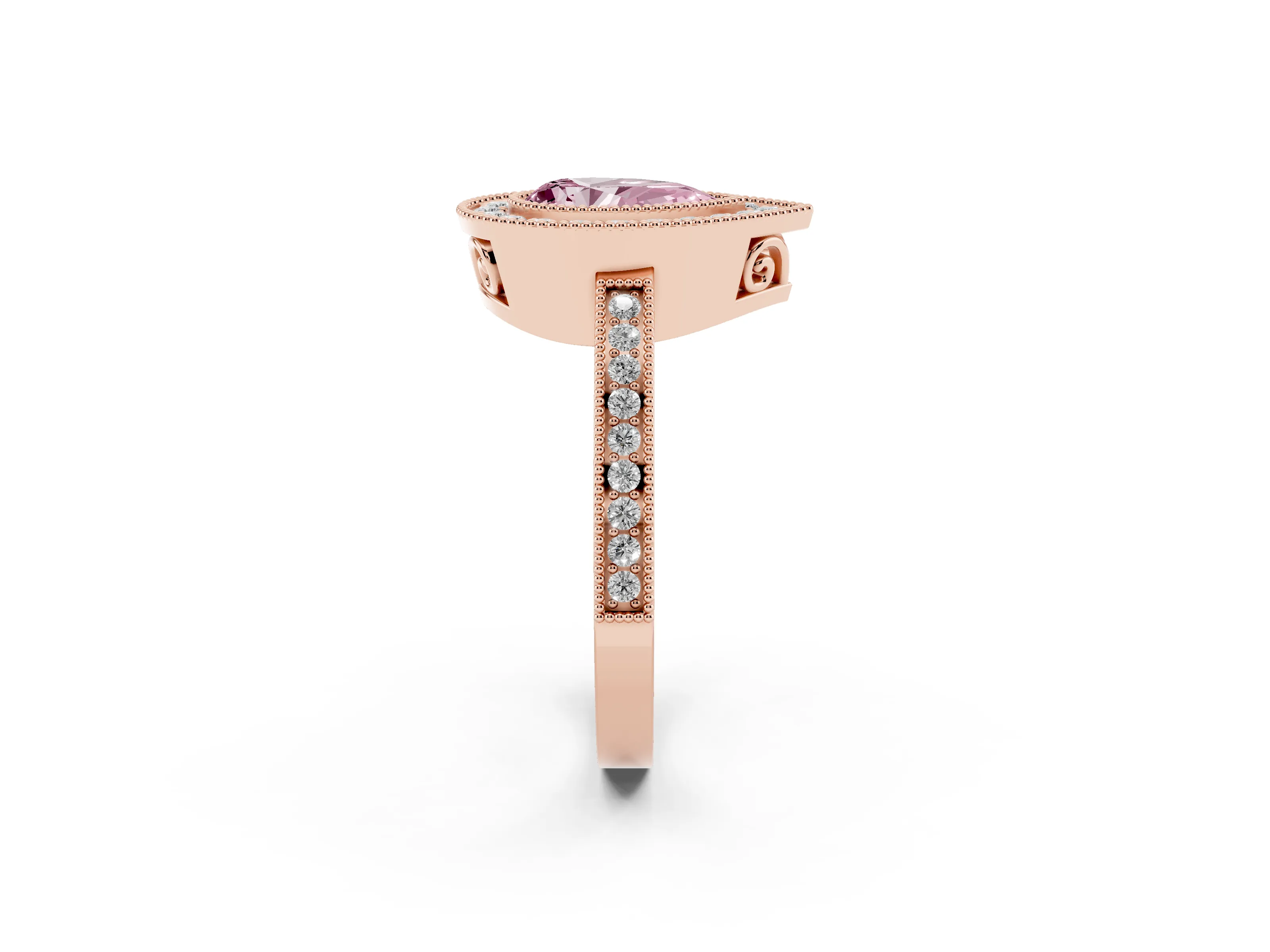 Fancy Pink Pear Cut Diamond Halo Ring Set in Rose gold with Pavé Band and Milgrain-Edged Prongs
