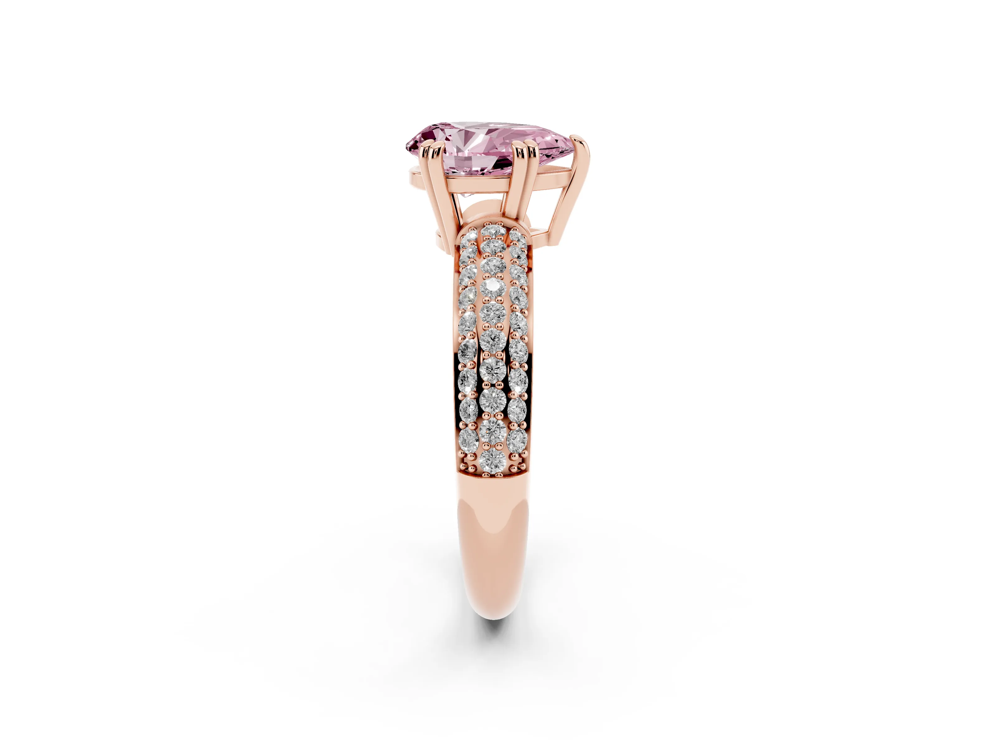 Fancy Pink Pear Cut Diamond Solitaire Ring Set in Rose gold with Multi-Row Round Pavé Band and Prong Setting