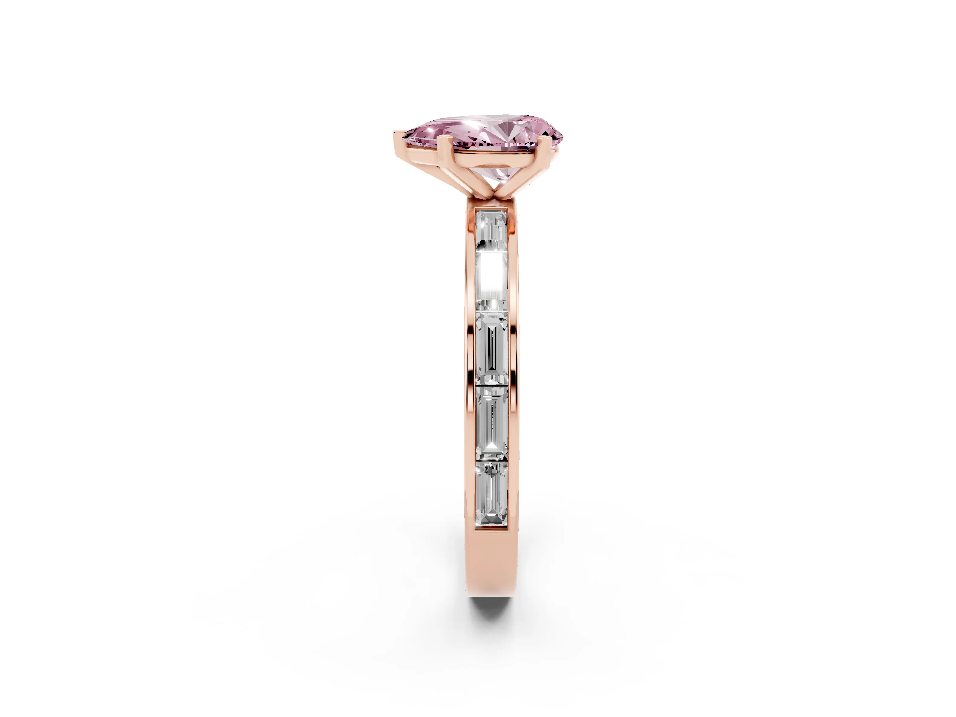 Fancy Pink Pear Cut Diamond Solitaire Ring Set in Rose gold with Channel-Set Baguette Band and Prong Setting