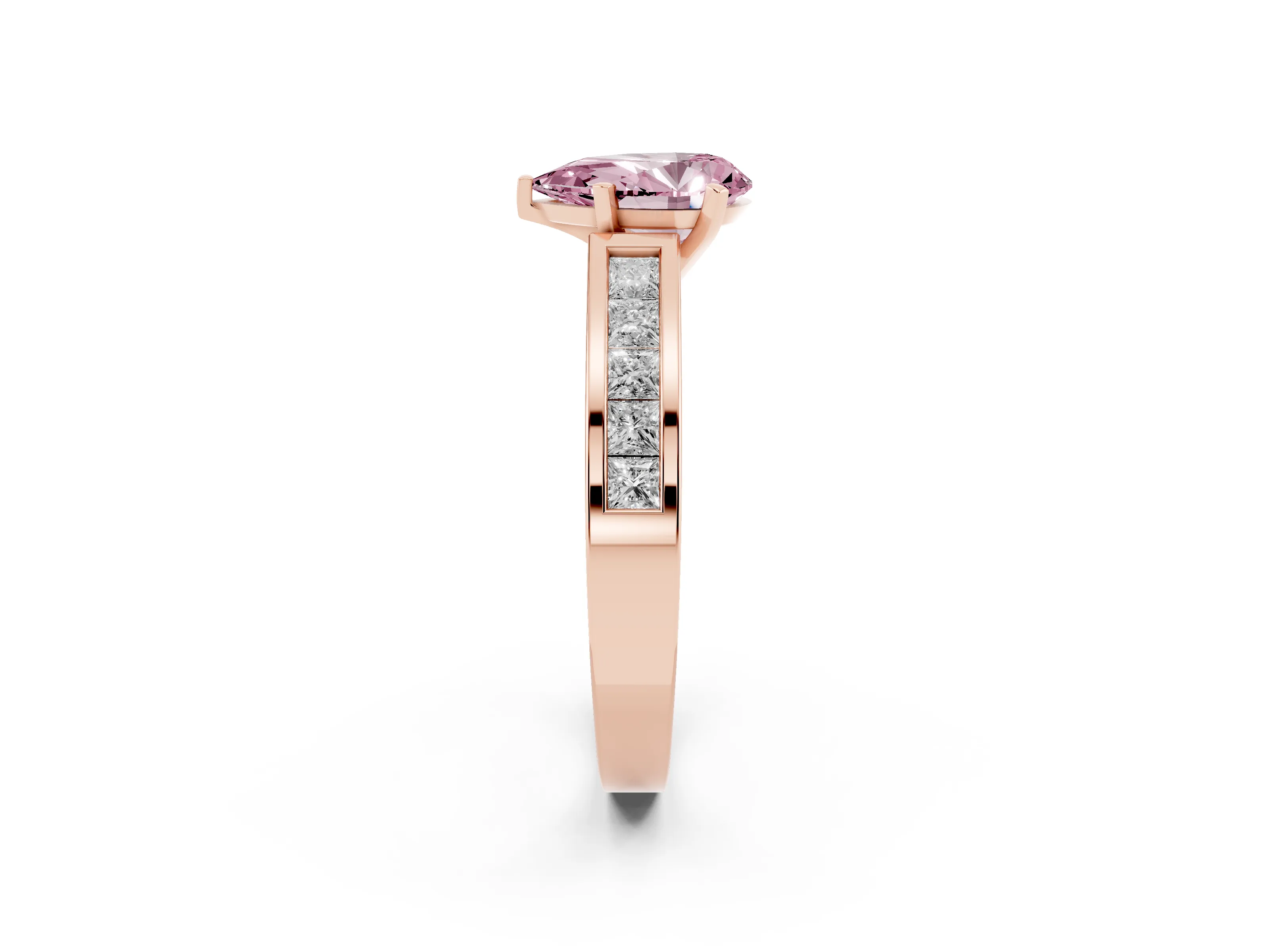 Fancy Pink Pear Cut Diamond Solitaire Ring Set in Rose gold with Channel-Set Band and Prong Setting