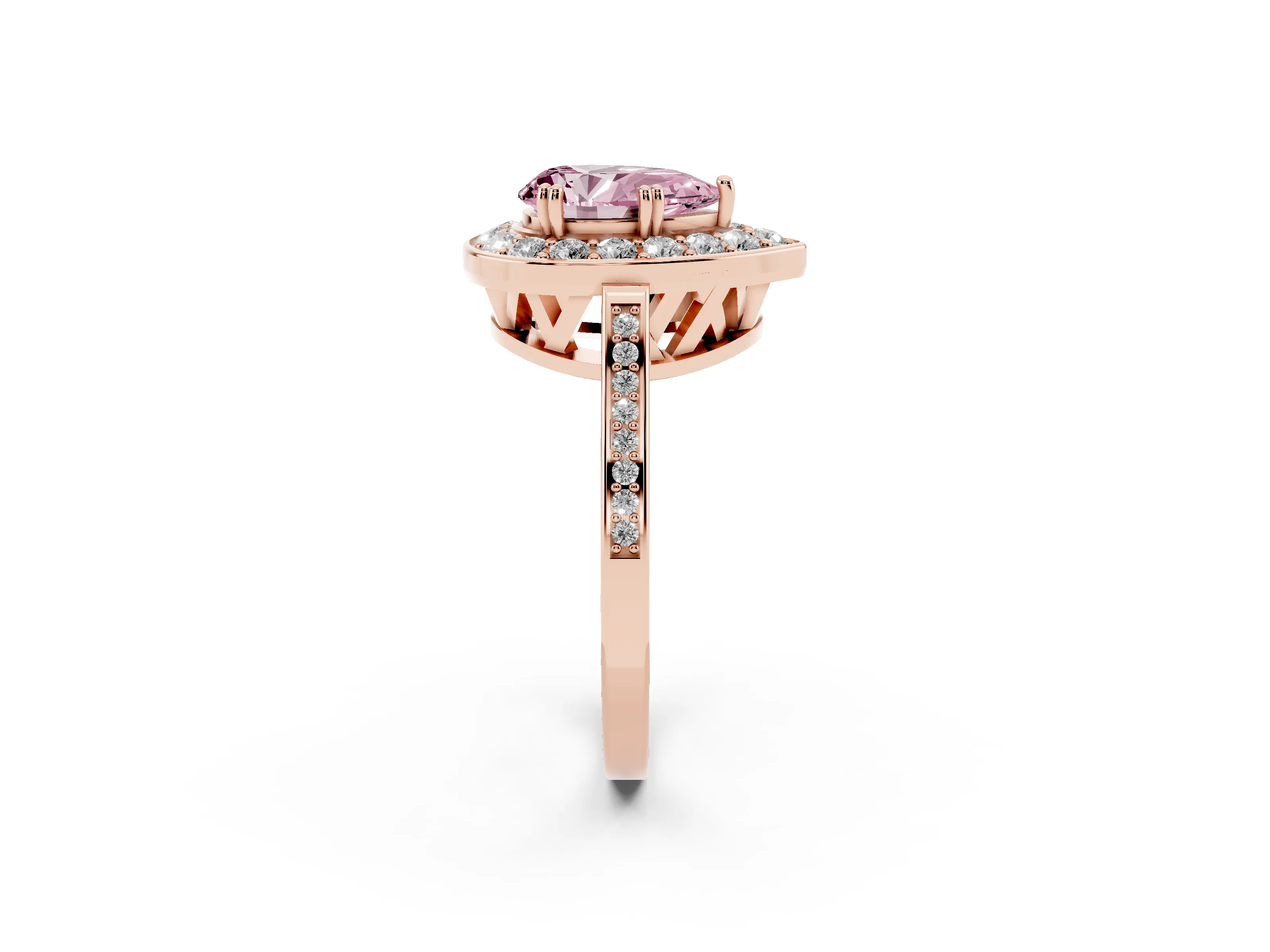 Fancy Pink Pear Cut Diamond Halo Ring Set in Rose gold with Accent-Lined Split Shank and Prong Setting