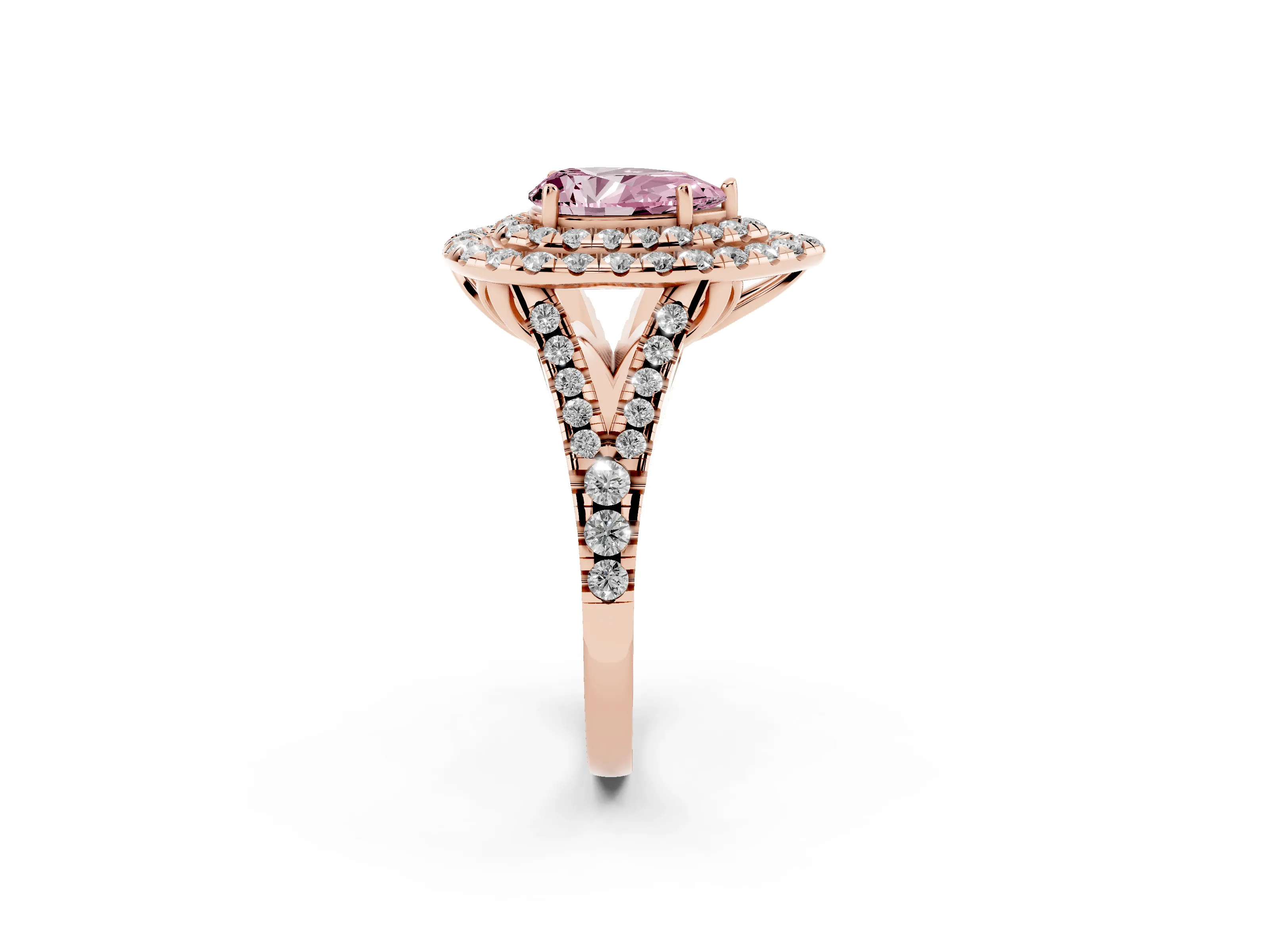 Fancy Pink Pear Cut Diamond Double Halo Ring Set in Rose gold with Pavé Split Shank and Prong Setting