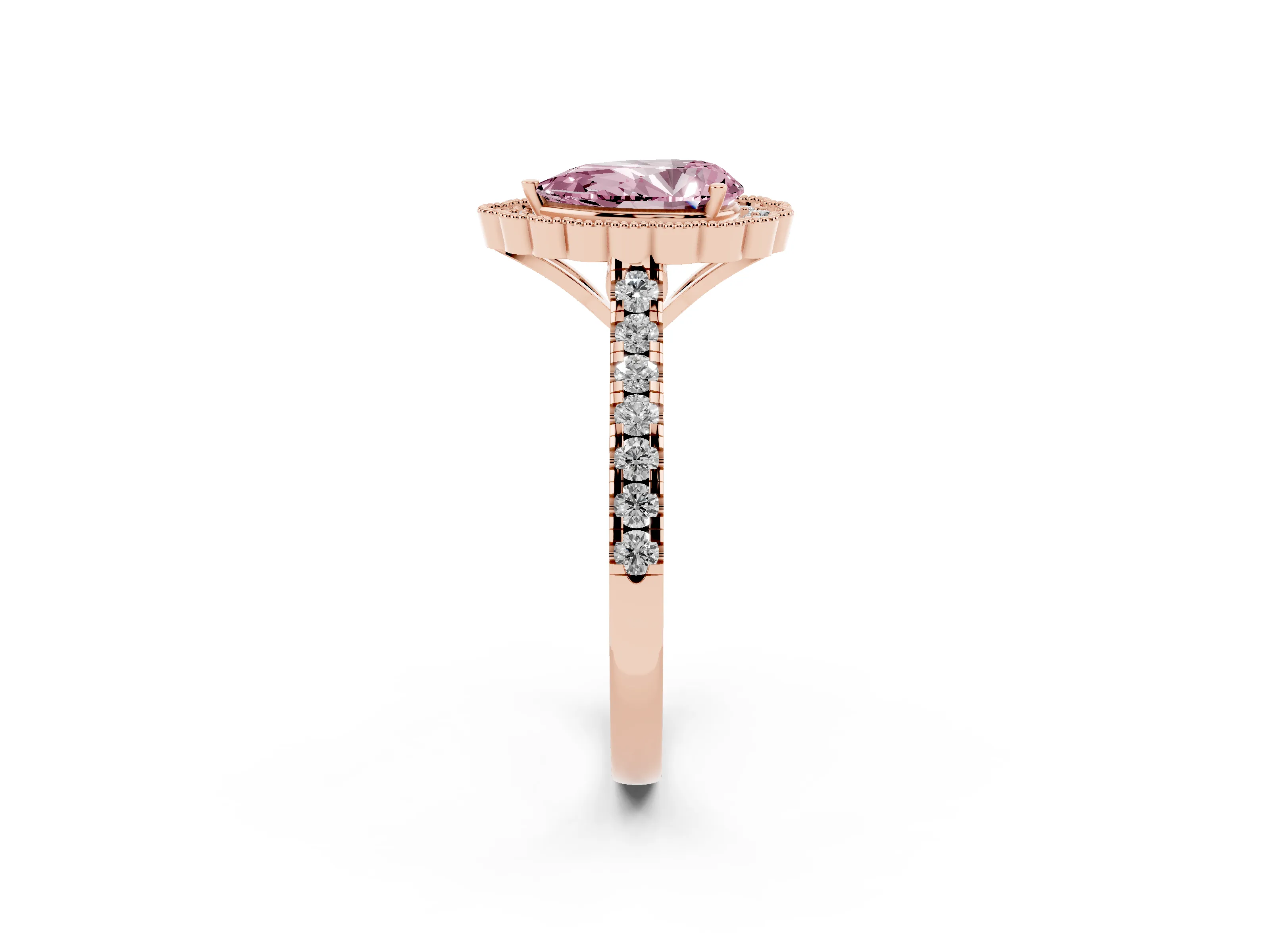 Fancy Pink Pear Cut Diamond Milgrain Floral Halo Engagement Ring Set in Rose gold with Pavé Band