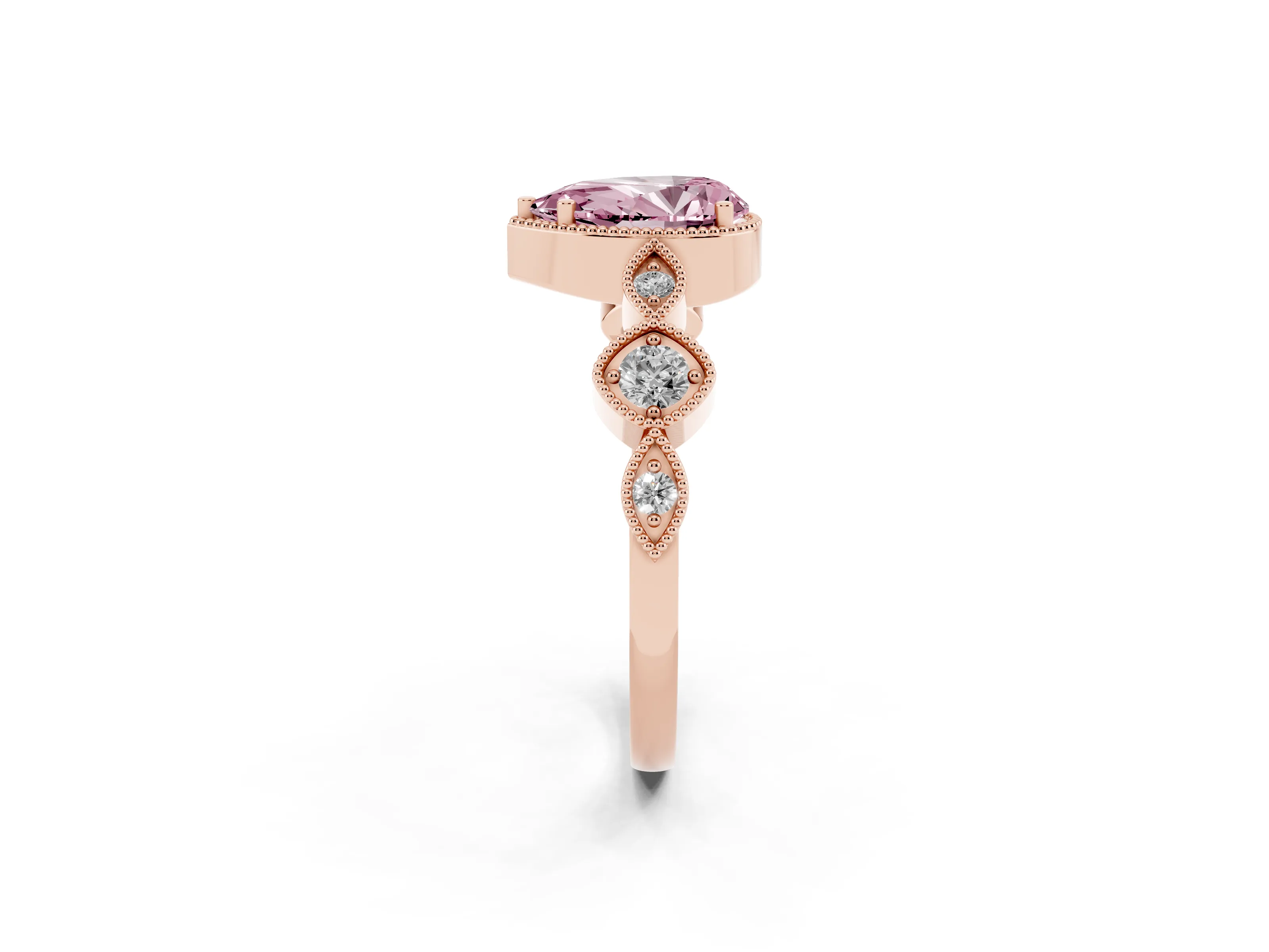 Fancy Pink Pear Cut Diamond Vintage-Inspired Milgrain Ring Set in Rose gold with Marquise Stations of Round Accents