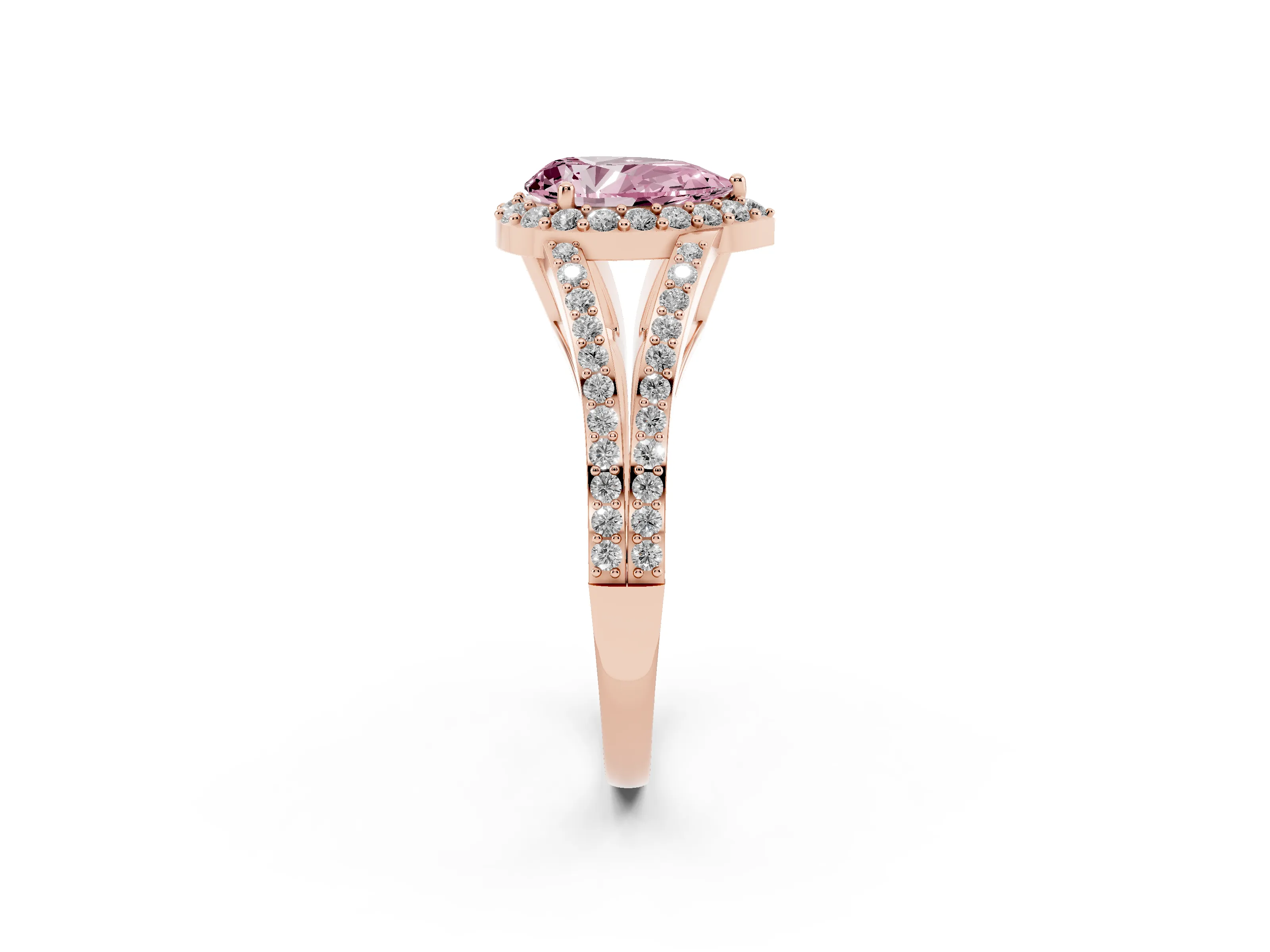 Fancy Pink Pear Cut Diamond Halo Split Shank Pavé Ring Set in Rose gold with Prong Setting