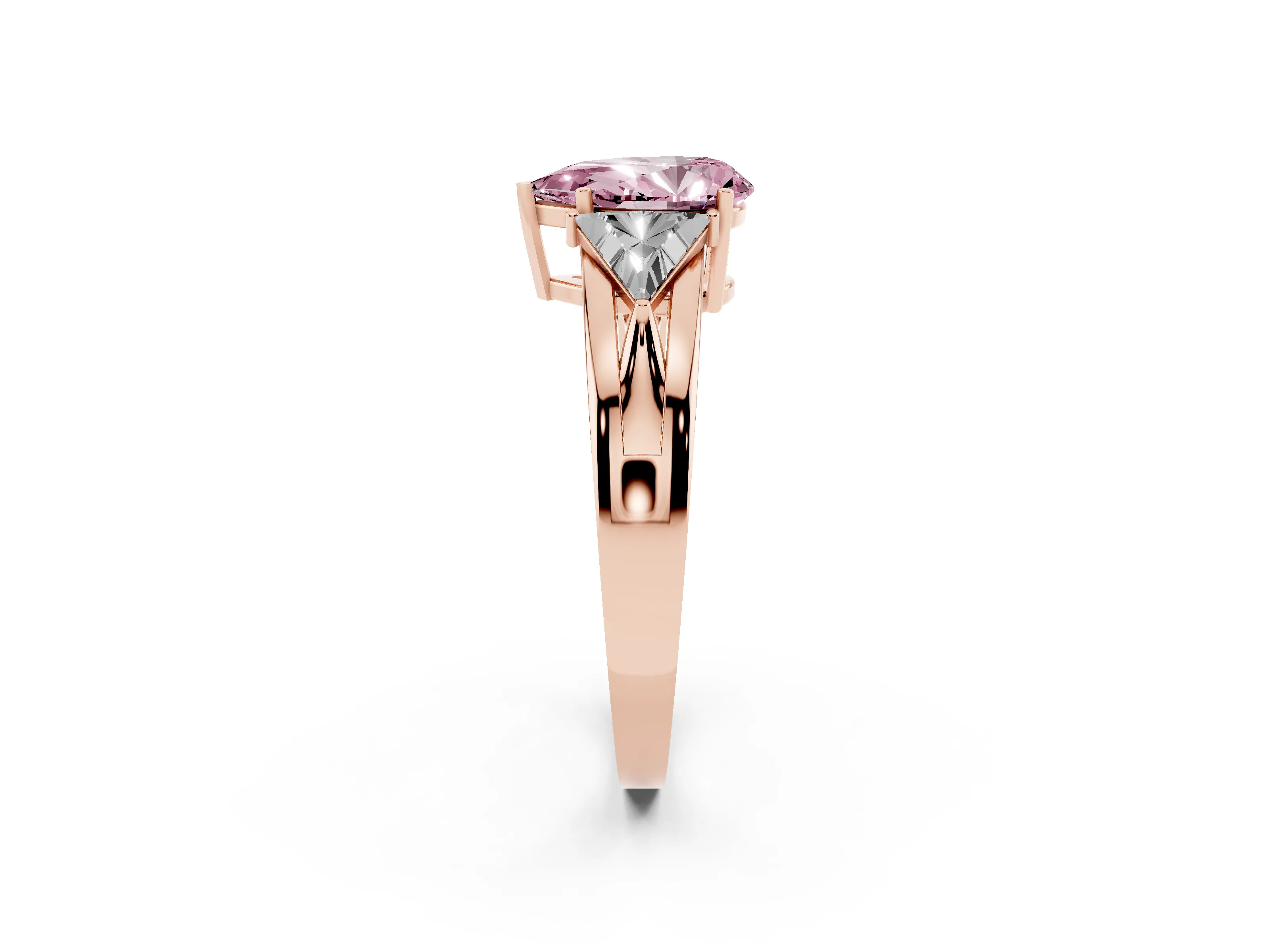 Fancy Pink Pear Cut Diamond Three-Stone Ring Set in Rose gold with Trillion Side Stones and Split Shank