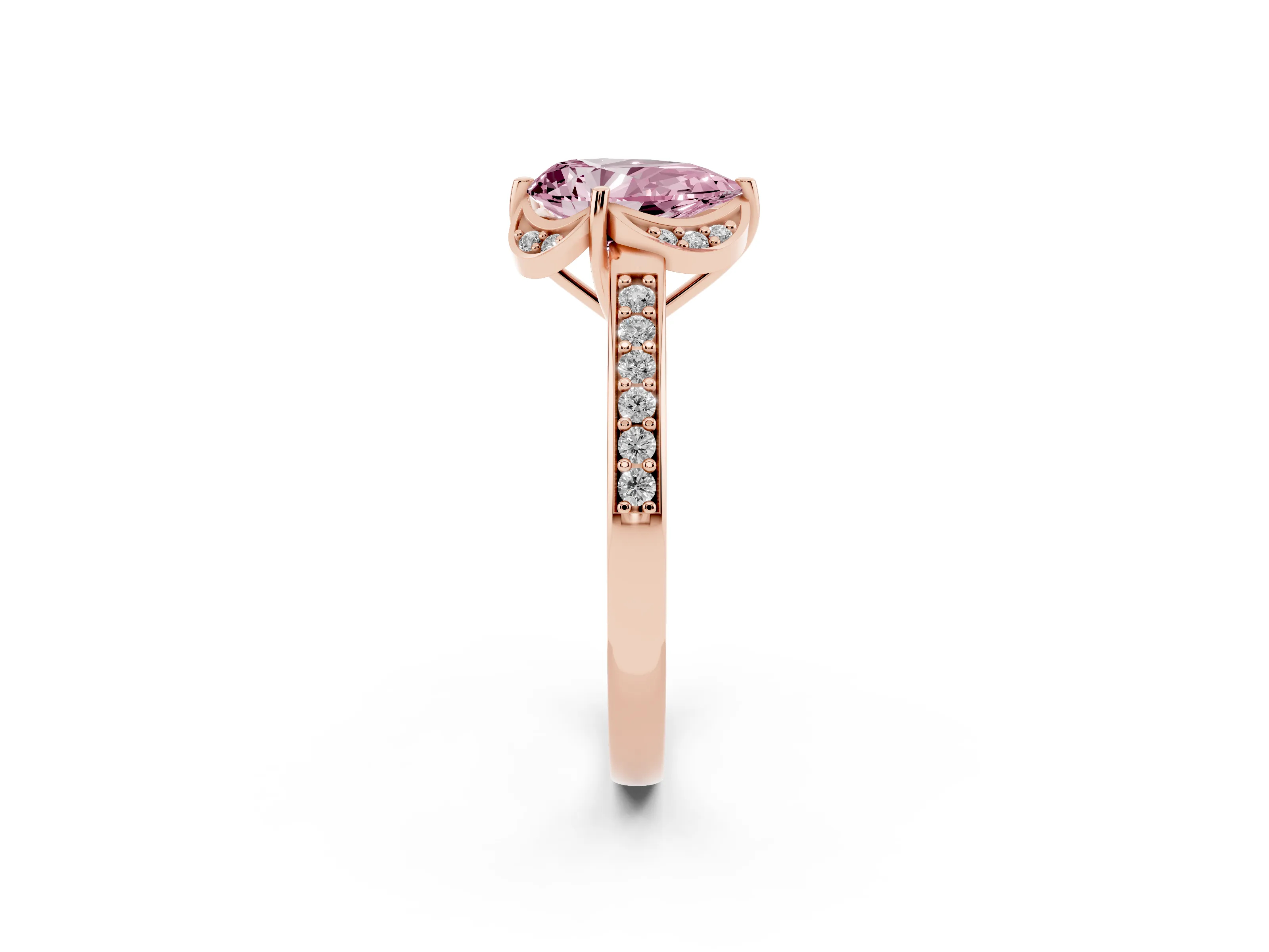 Fancy Pink Pear Cut Diamond Halo Ring Set in Rose gold with Channel Set Band and Prong Setting