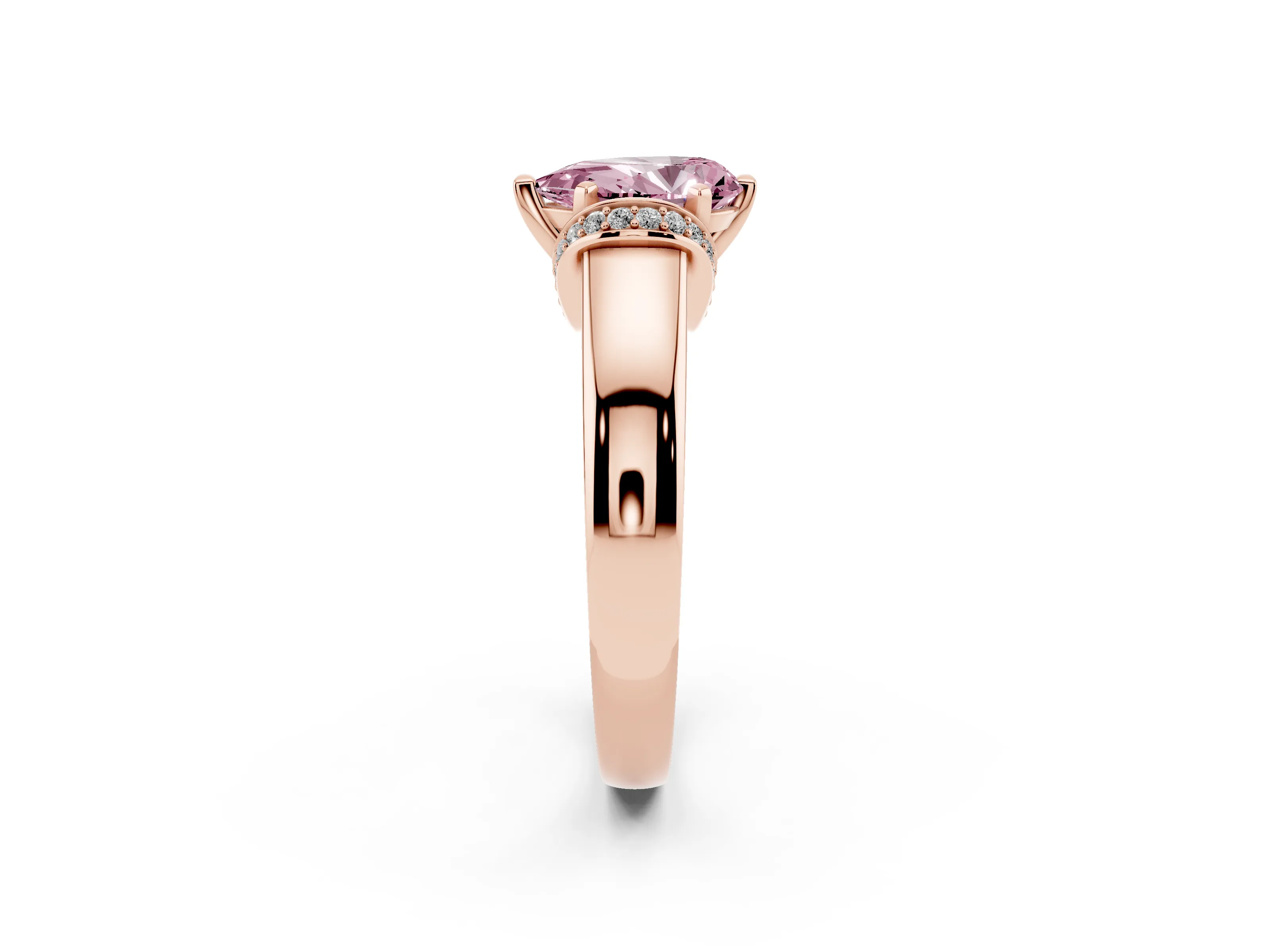 Fancy Pink Pear Cut Diamond Pavé Band Solitaire Ring Set in Rose gold with Prong Setting