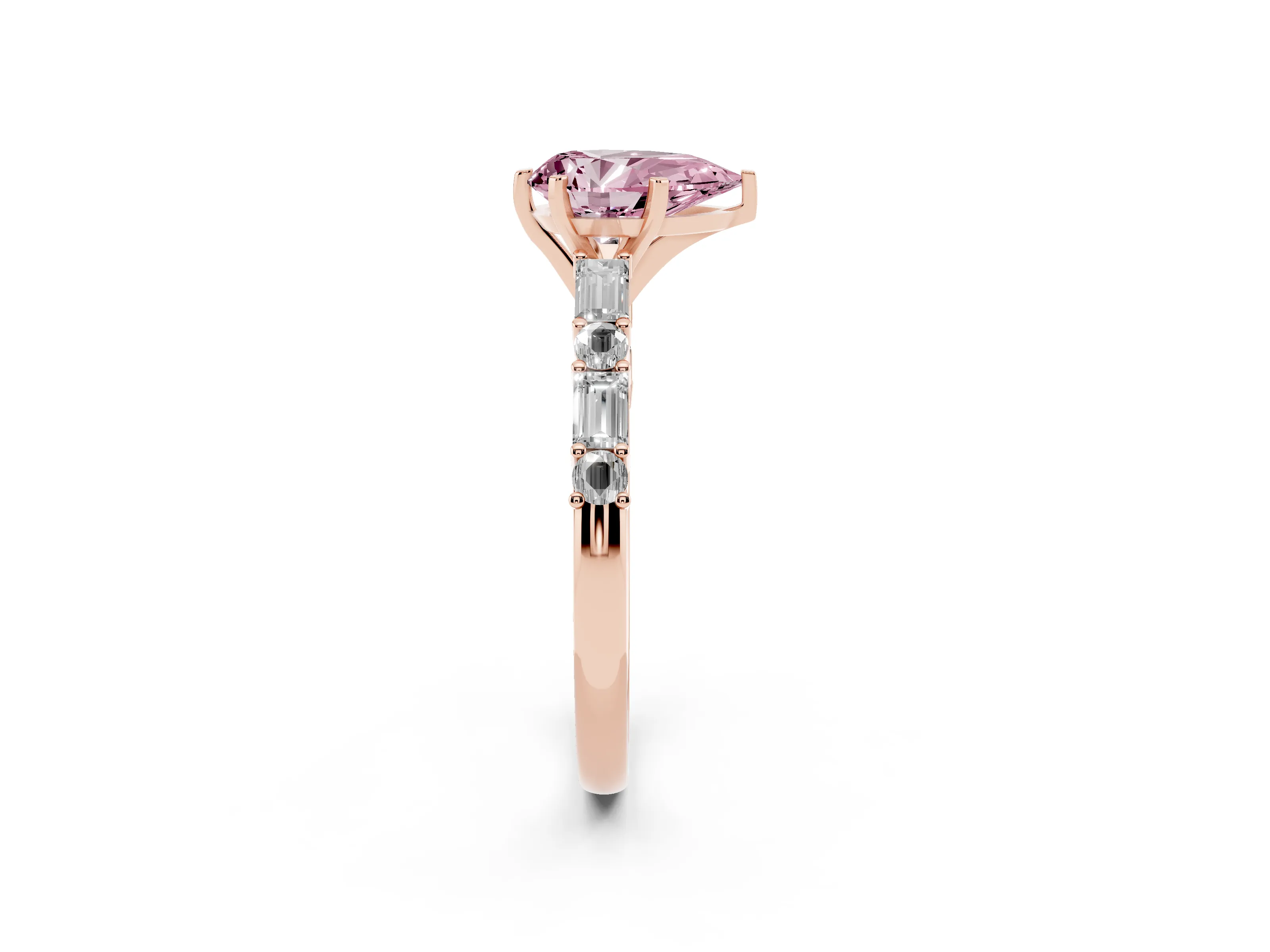 Fancy Pink Pear Cut Diamond Solitaire Set in Rose gold with Side Baguettes and Channel Set Band