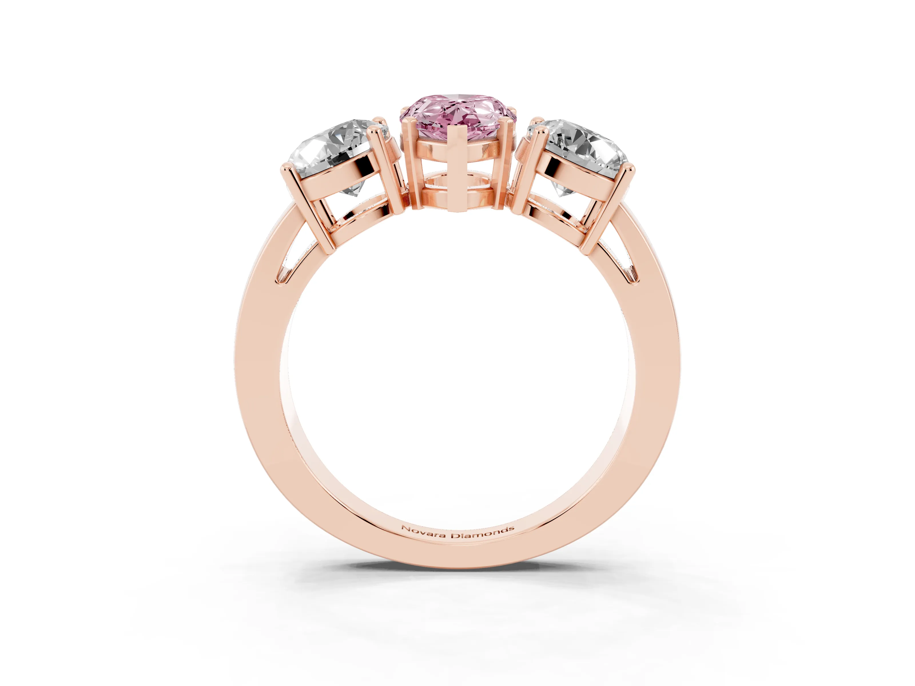 Fancy Pink Pear Cut Diamond Three-Stone Ring Set in Rose gold with Round Side Stones and Classic Band