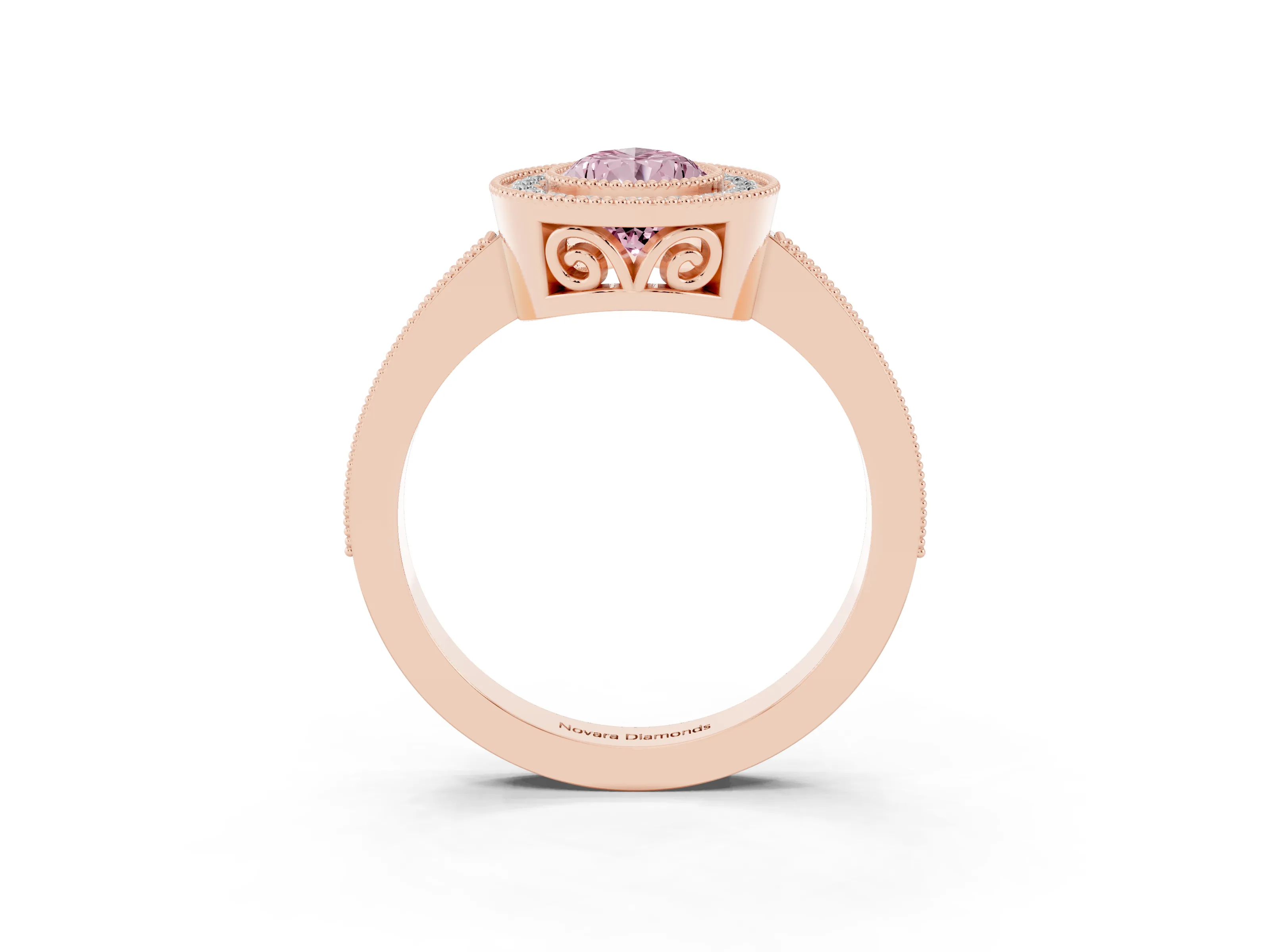 Fancy Pink Pear Cut Diamond Halo Ring Set in Rose gold with Pavé Band and Milgrain-Edged Prongs
