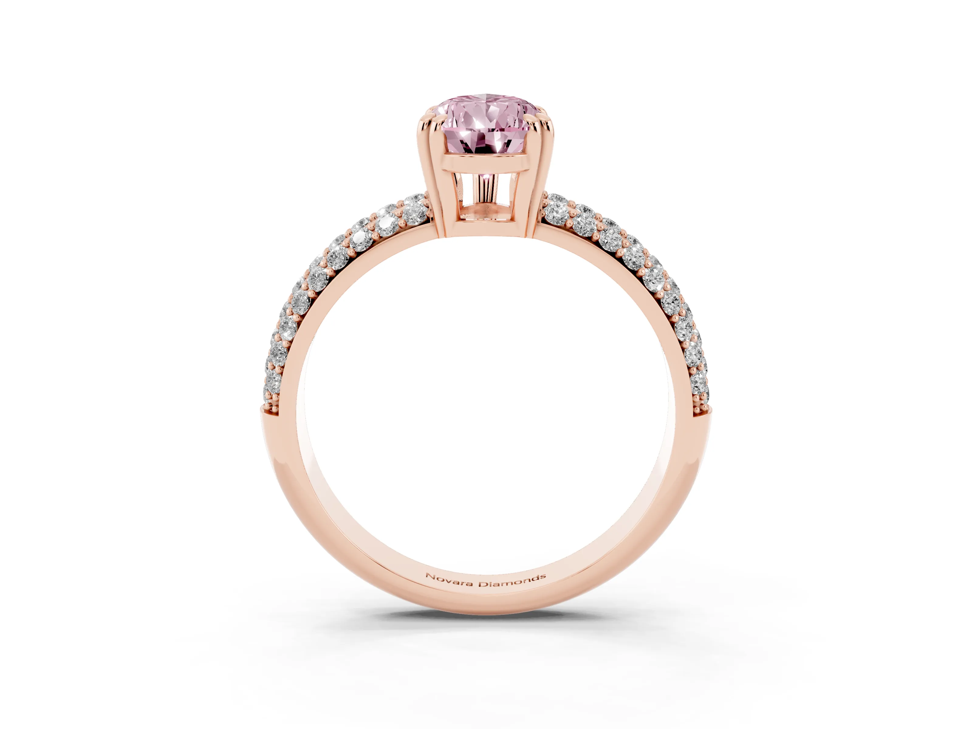 Fancy Pink Pear Cut Diamond Solitaire Ring Set in Rose gold with Multi-Row Round Pavé Band and Prong Setting