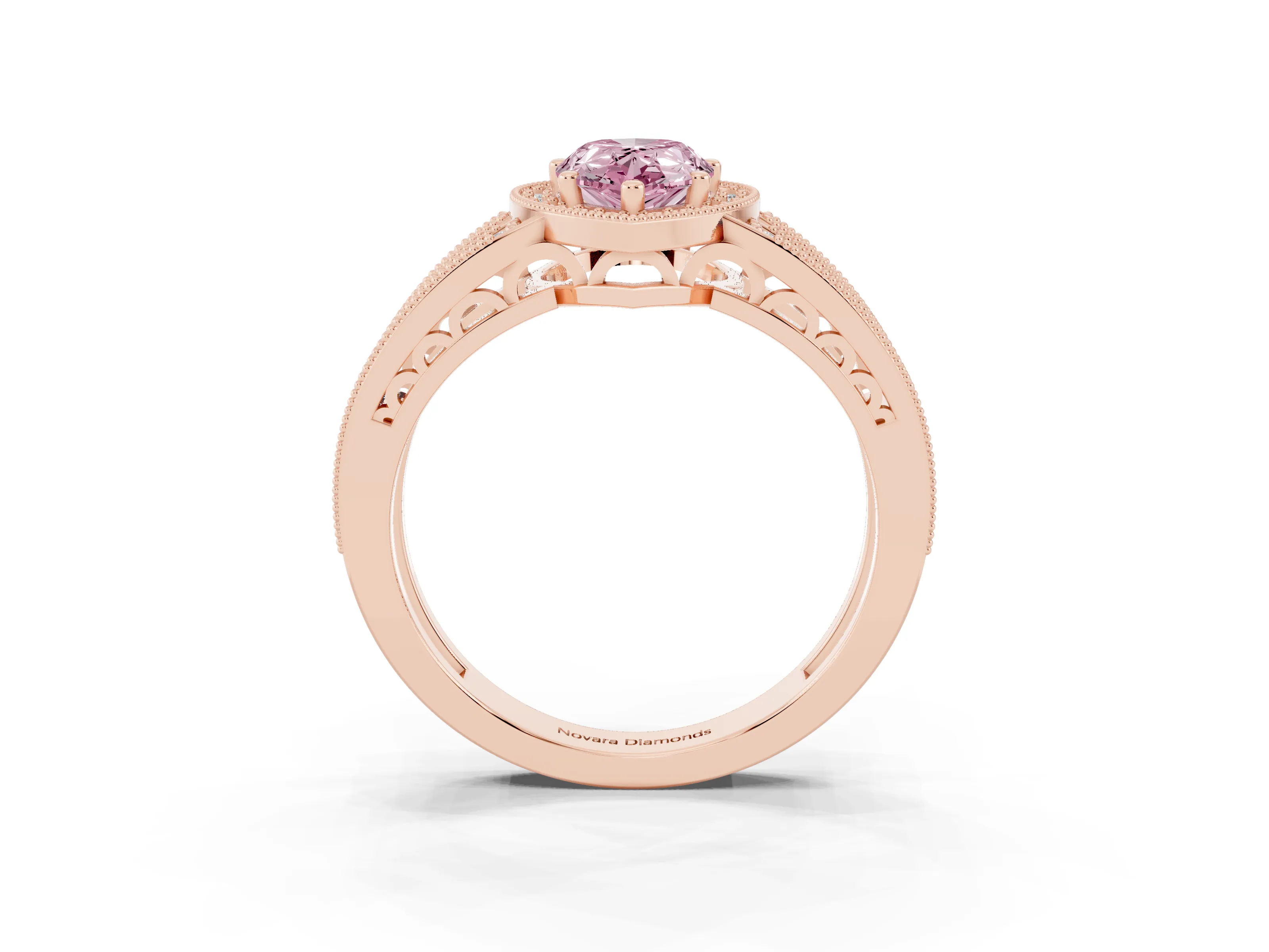 Fancy Pink Pear Cut Diamond Halo Ring Set in Rose gold with Accent Split Shank and Prong Setting
