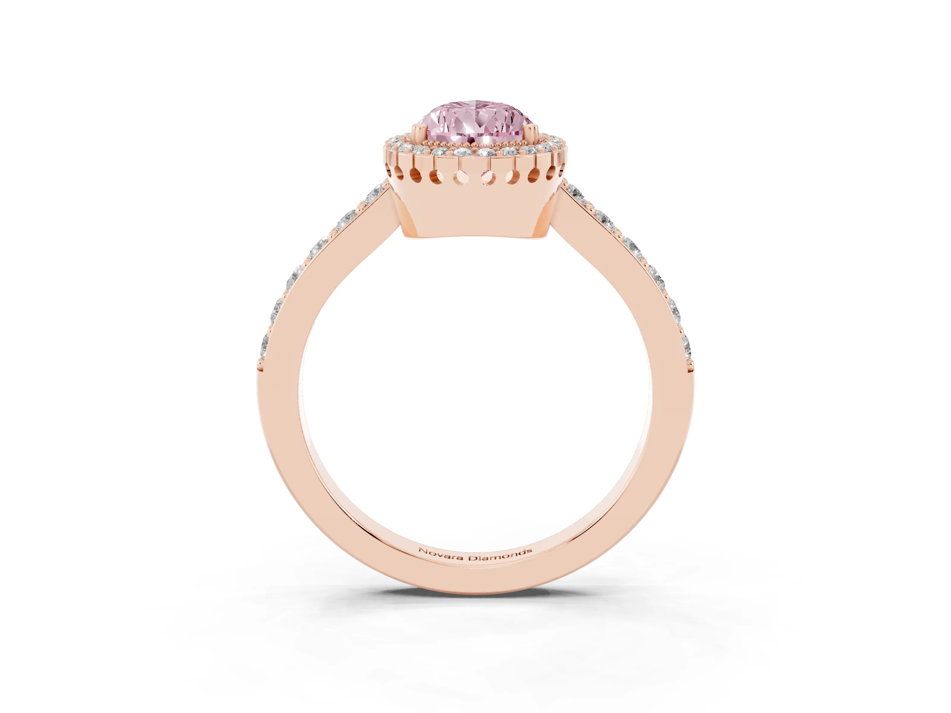 Fancy Pink Pear Cut Diamond Halo Engagement Ring Set in Rose gold with Milgrain Detail and Pavé Band