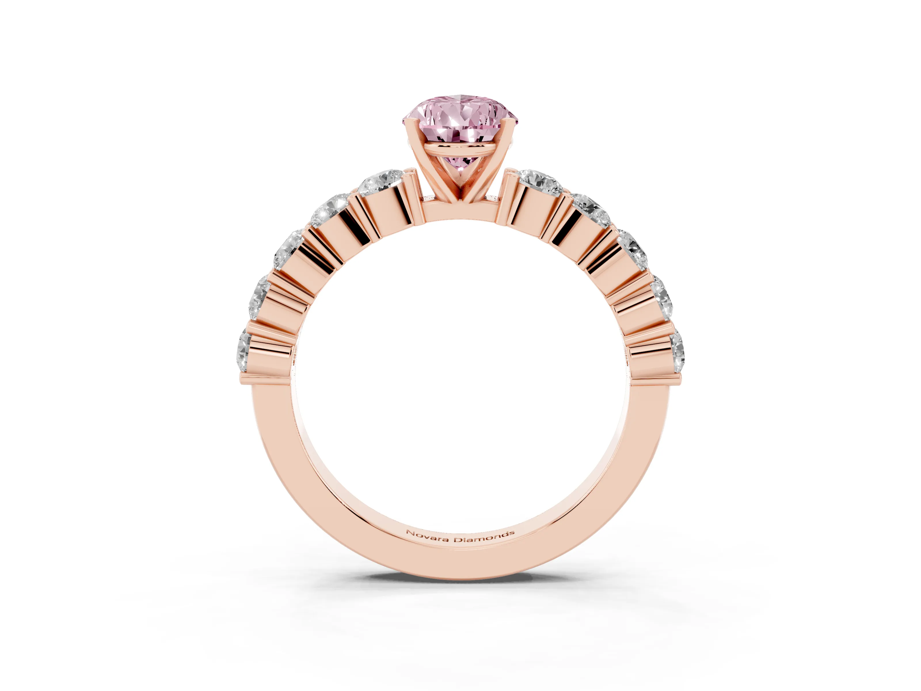 Fancy Pink Pear Cut Diamond Solitaire Ring Set in Rose gold with Shared Prong Round Side Stones