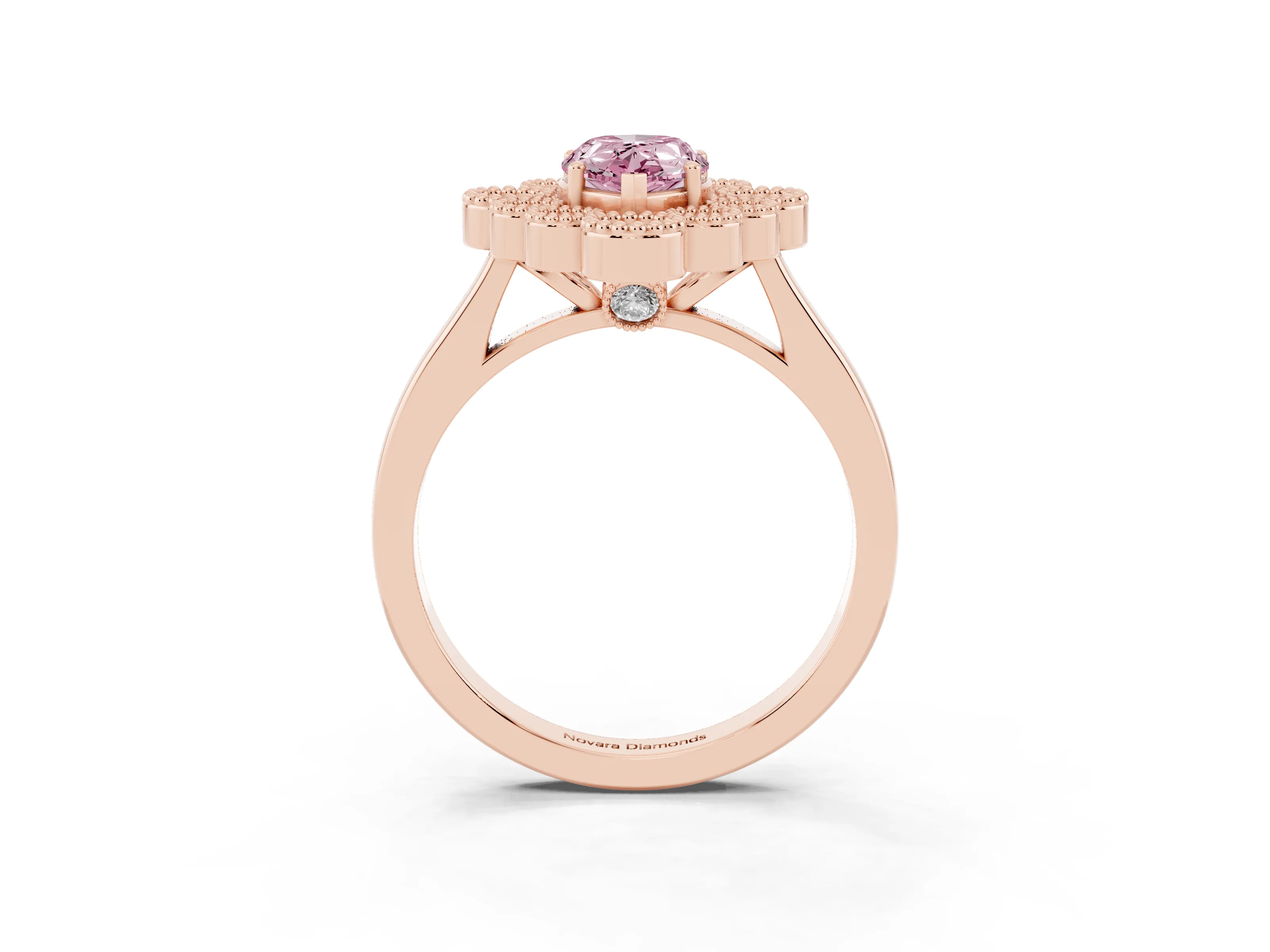 Fancy Pink Pear Cut Diamond Cluster Halo Ring Set in Rose gold with Milgrain Bezel Accents and Plain Band
