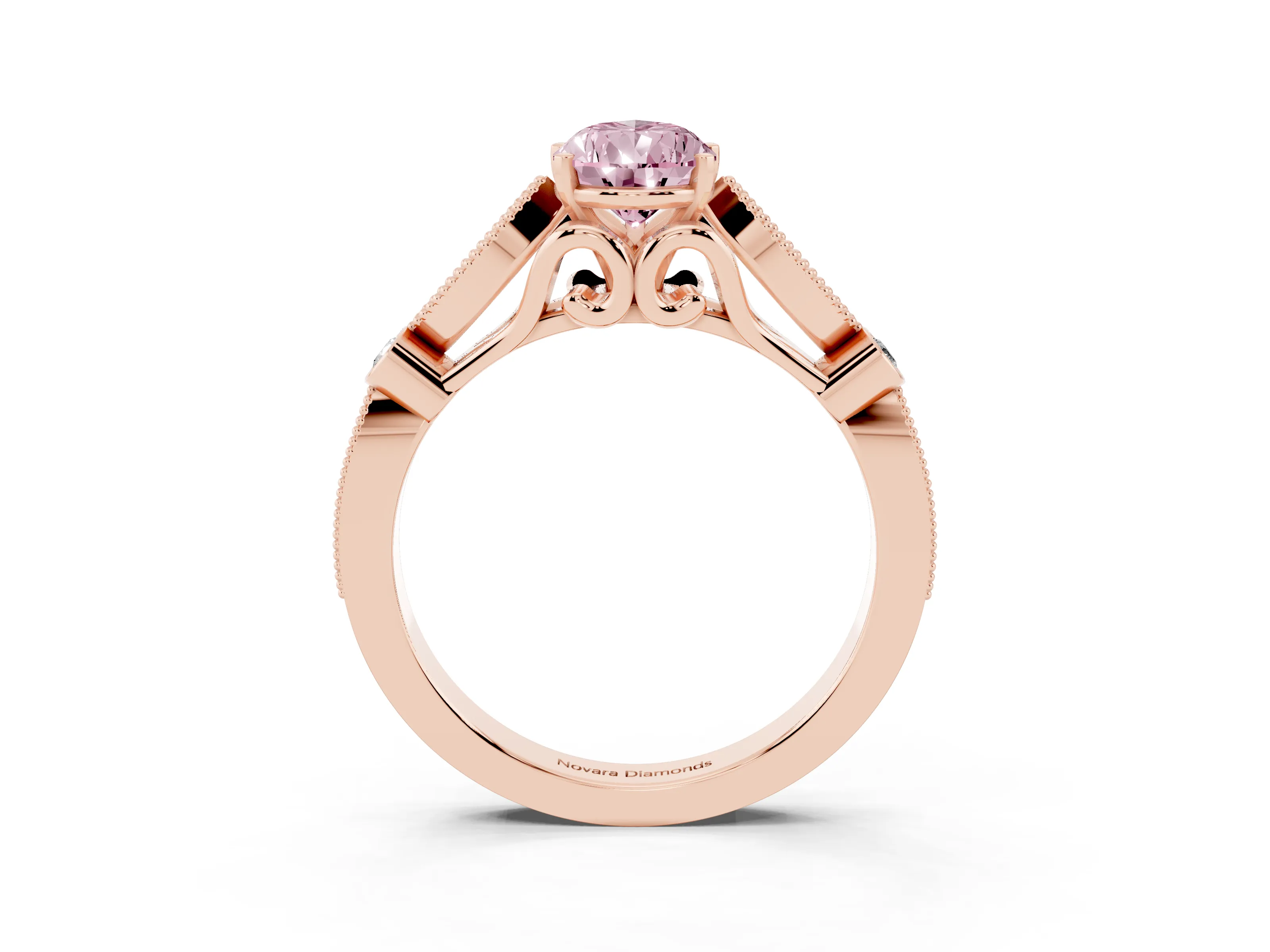 Fancy Pink Pear Cut Diamond Solitaire Ring Set in Rose gold with Milgrain Marquise and Bezel Accents