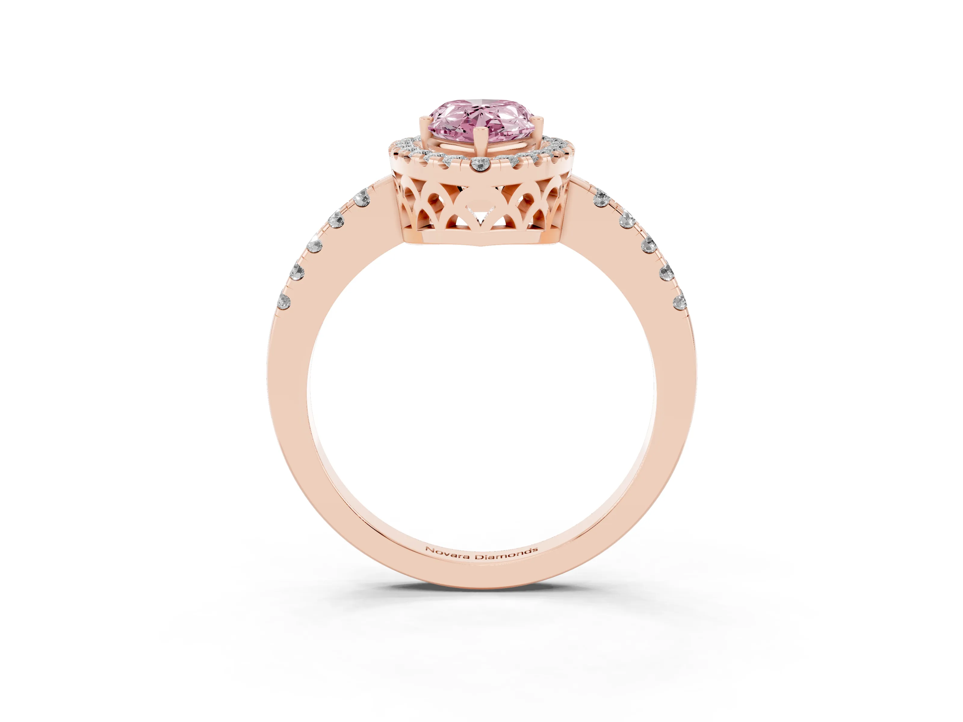 Fancy Pink Pear Cut Diamond Pavé Band Halo Engagement Ring Set in Rose gold with Prong Setting