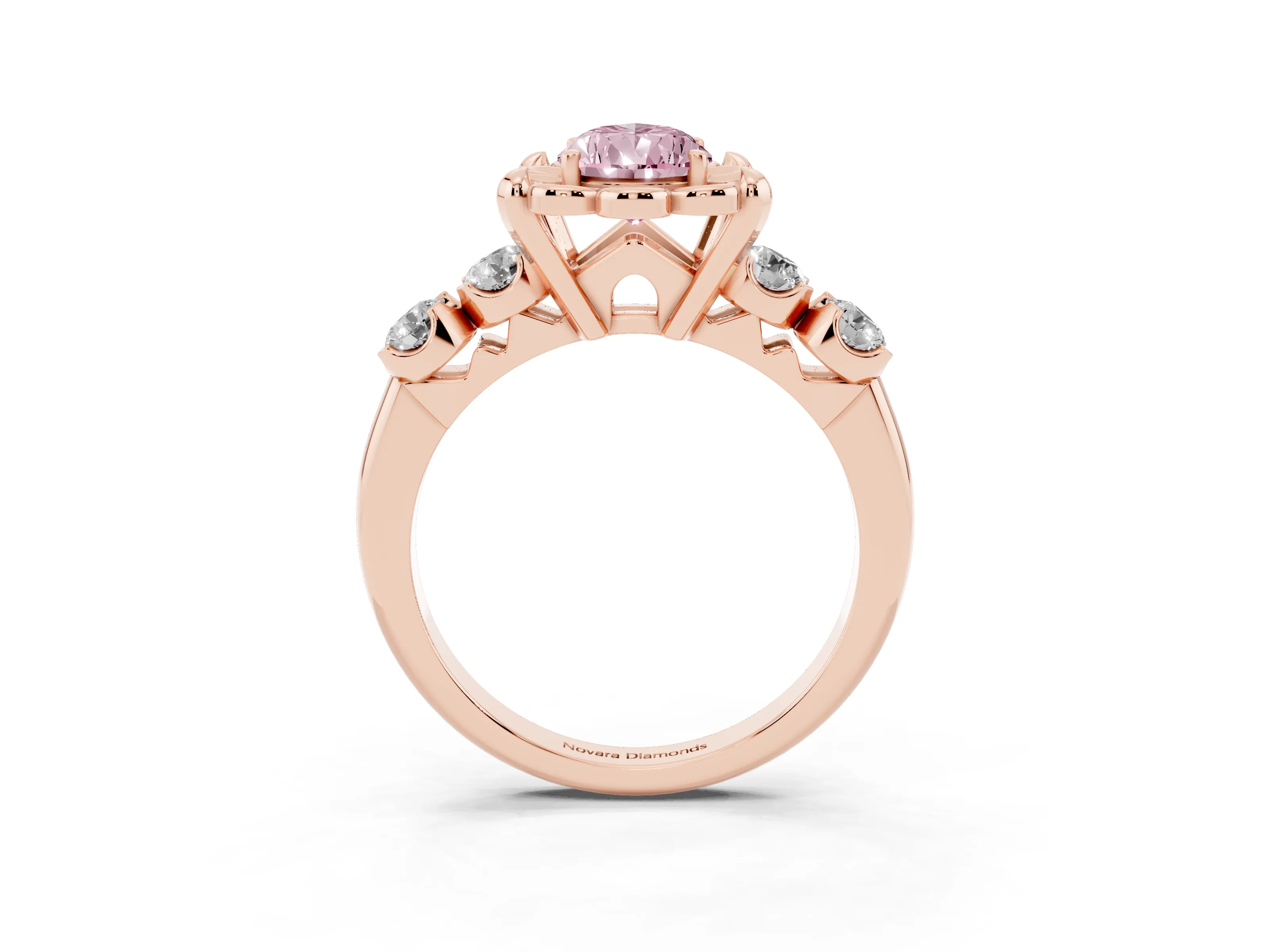 Fancy Pink Pear Cut Diamond Floral Halo Ring Set in Rose gold with Shared Prong Band