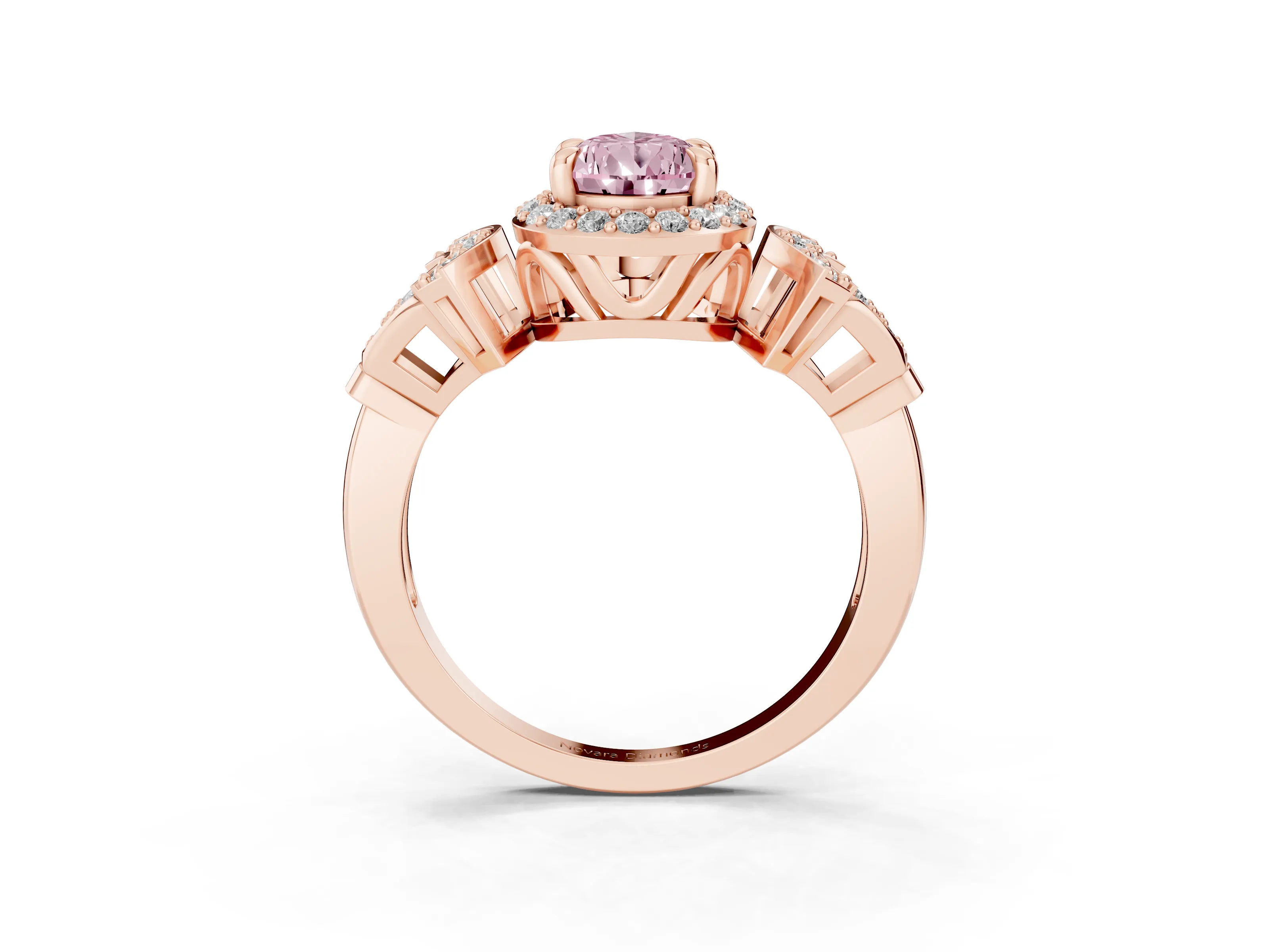 Fancy Pink Pear Cut Diamond Halo Engagement Ring Set in Rose gold with Accent Stone Split Shank