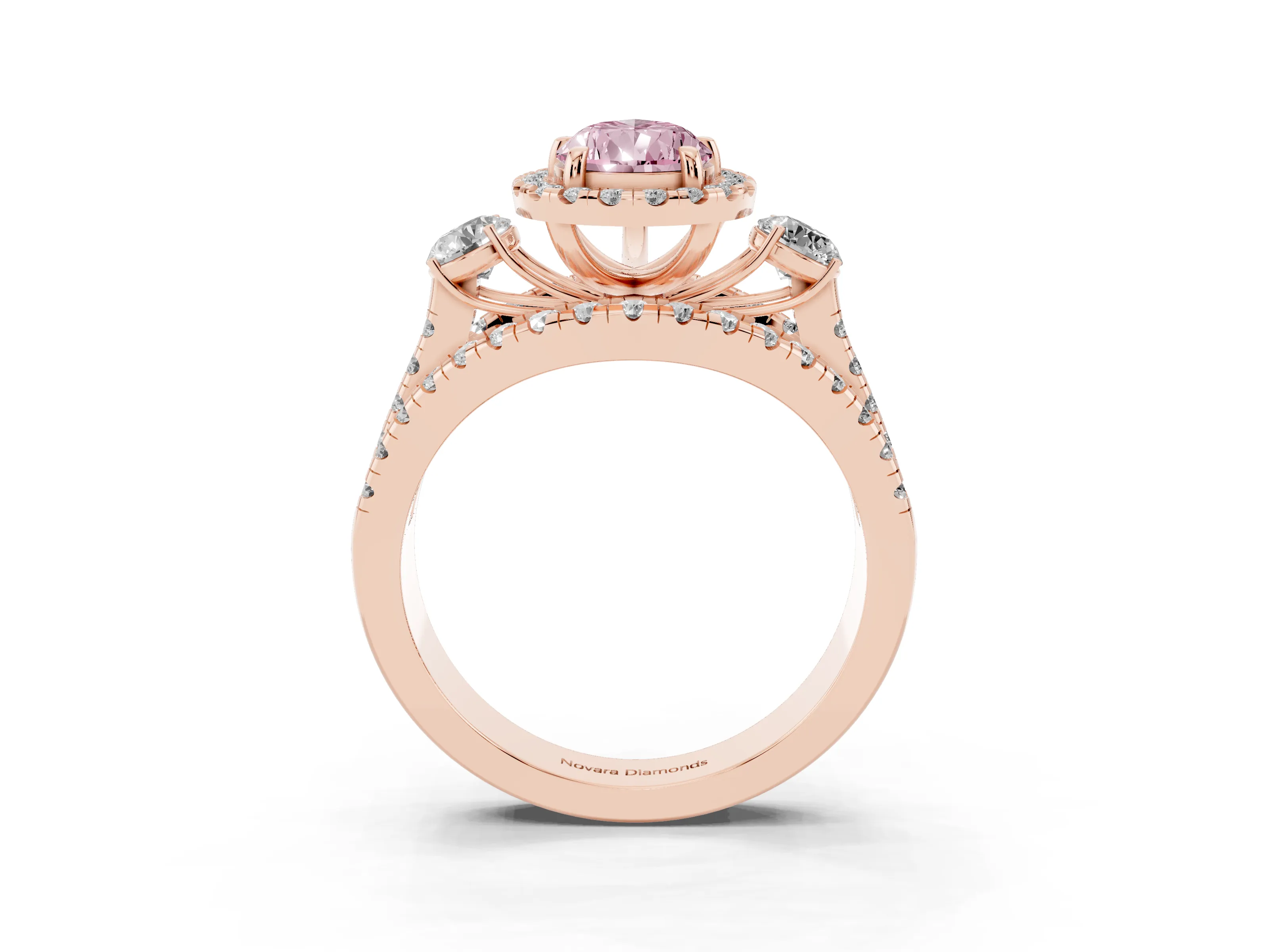 Fancy Pink Pear Cut Diamond Halo Split Shank Ring Set in Rose gold with Round Accent Stones and Prong Setting