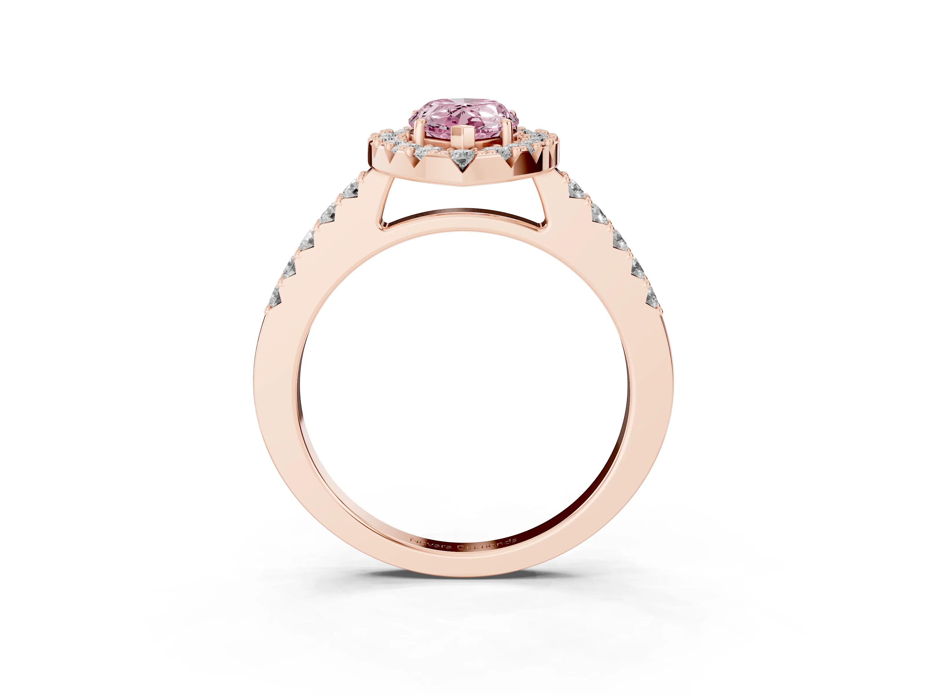 Fancy Pink Pear Cut Diamond Halo Pavé Solitaire Ring Set in Rose gold with Prong-Set Center Stone