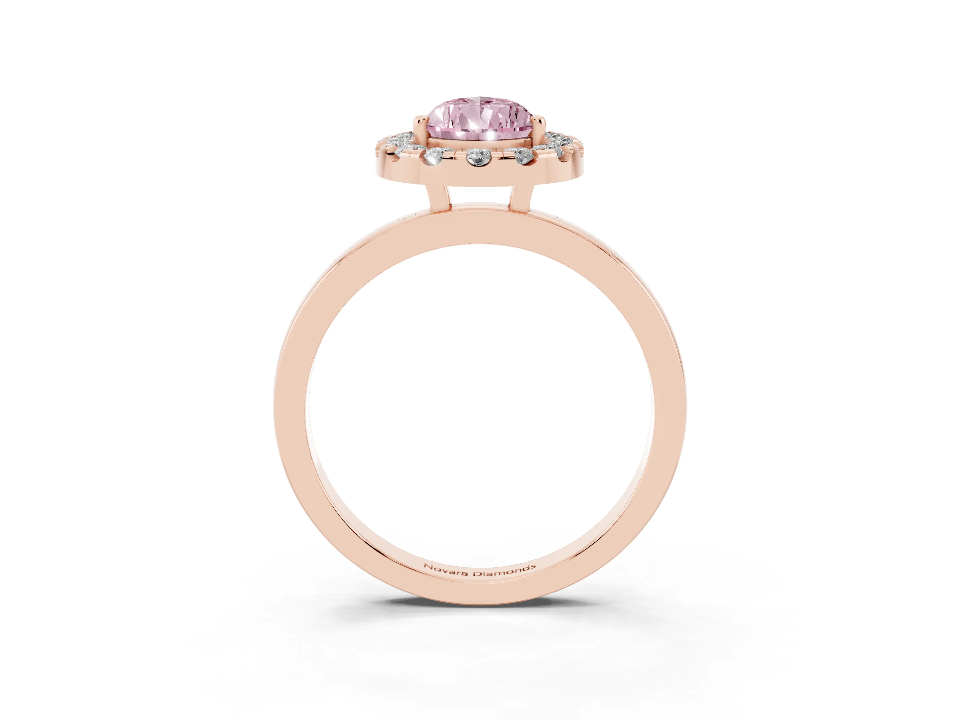Fancy Pink Pear Cut Diamond Halo Solitaire Ring Set in Rose gold with Pavé Band and Prong Setting